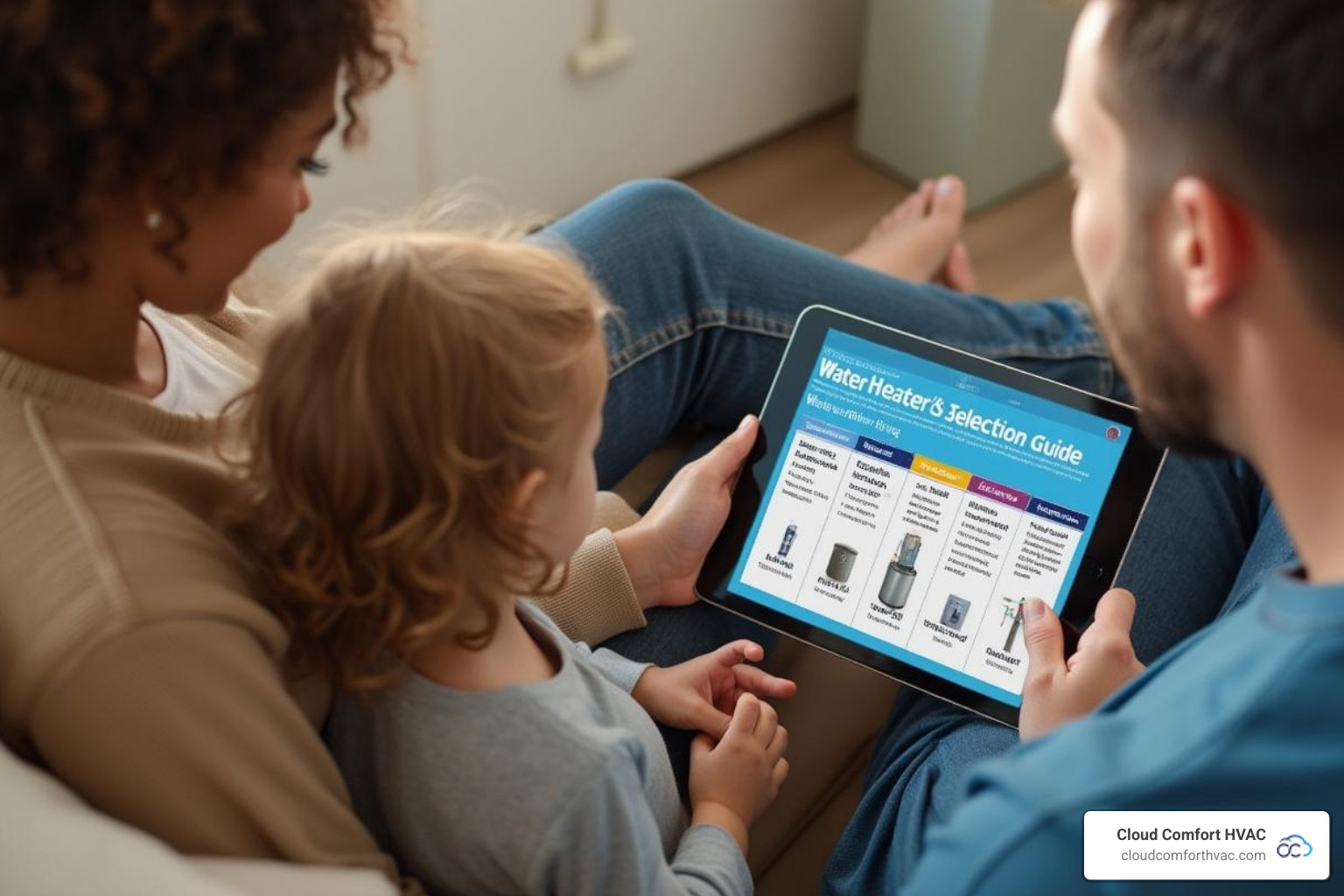 Family looking at a water heater selection guide online - AO Smith water heater