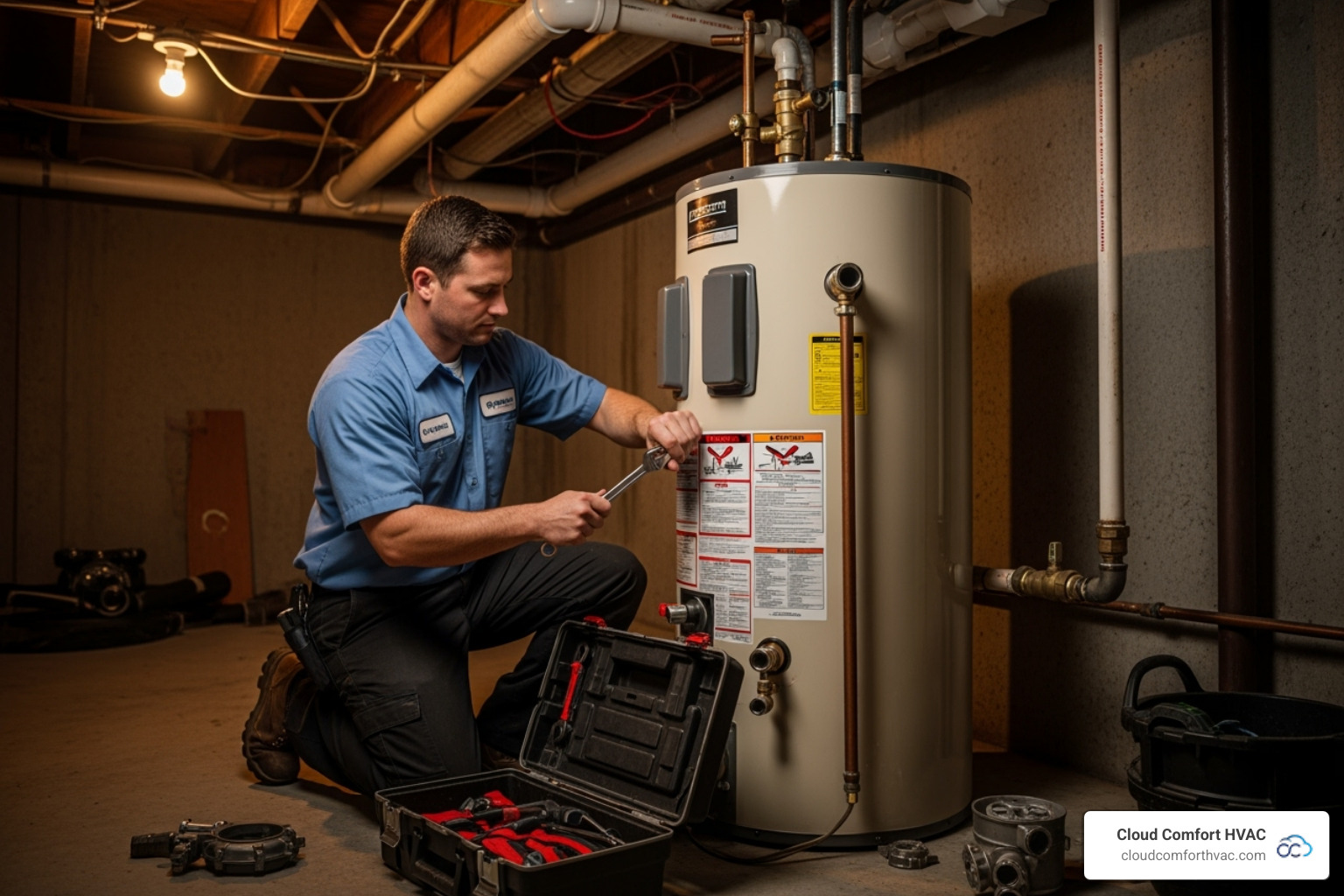 Technician performing maintenance on a water heater - AO Smith water heater