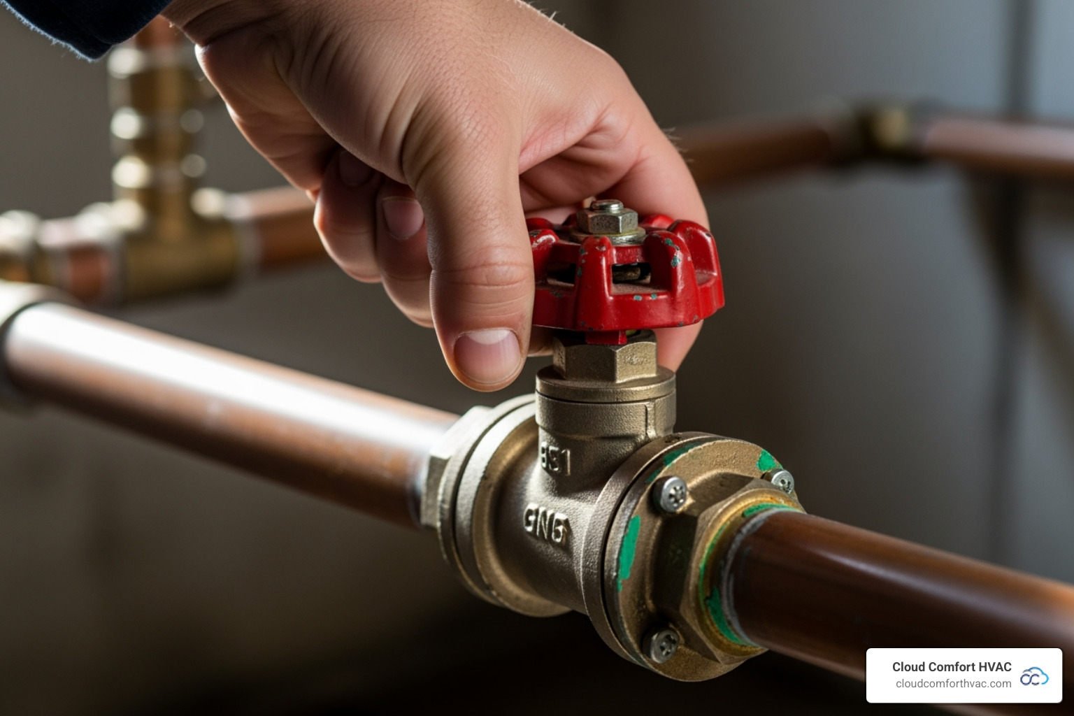 A hand turning a main water shut-off valve - emergency plumbing torrance