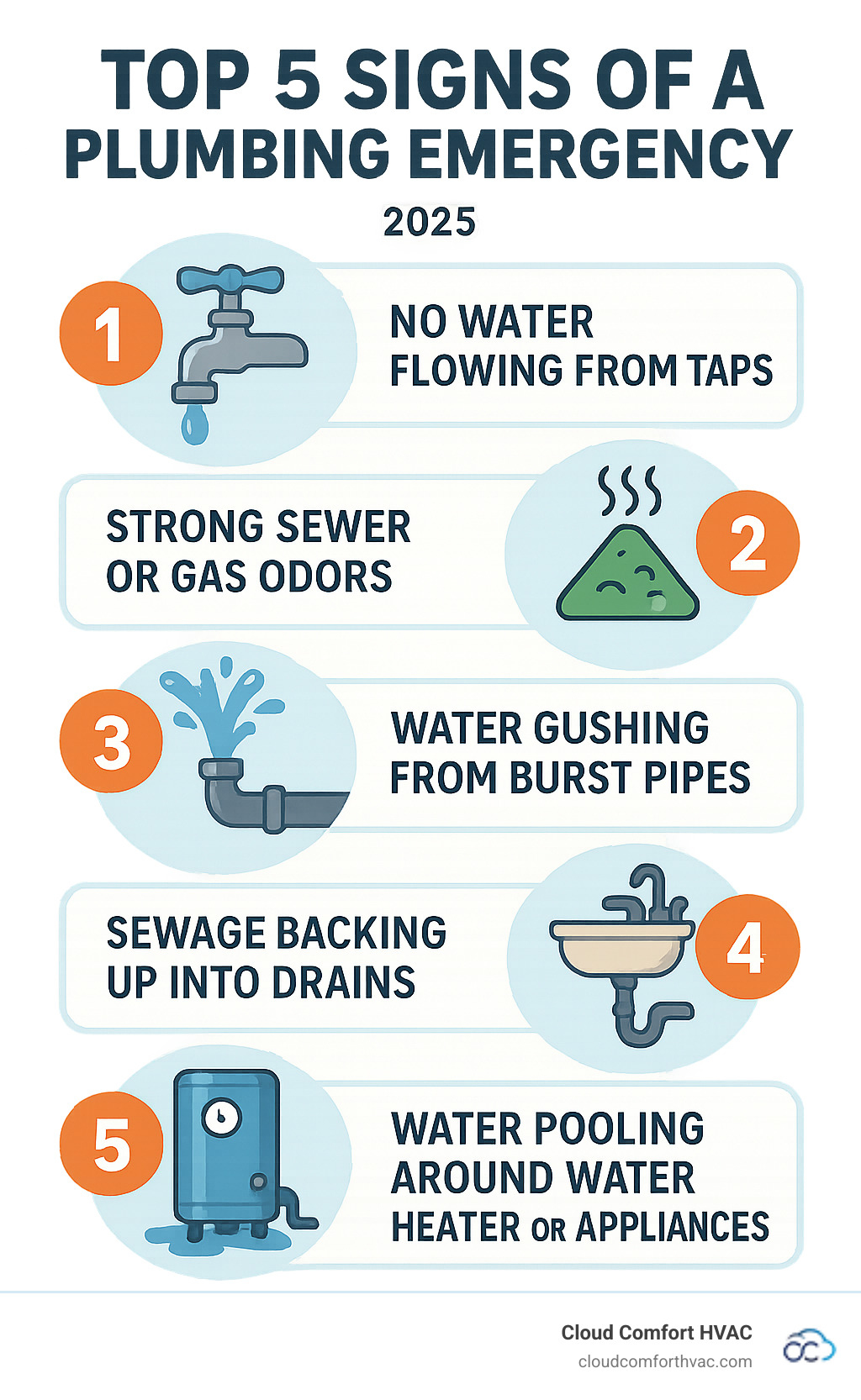 Infographic showing the top 5 signs of a plumbing emergency: 1) No water flowing from taps, 2) Strong sewer or gas odors, 3) Water gushing from burst pipes, 4) Sewage backing up into drains, 5) Water pooling around water heater or appliances - emergency plumbing torrance infographic 