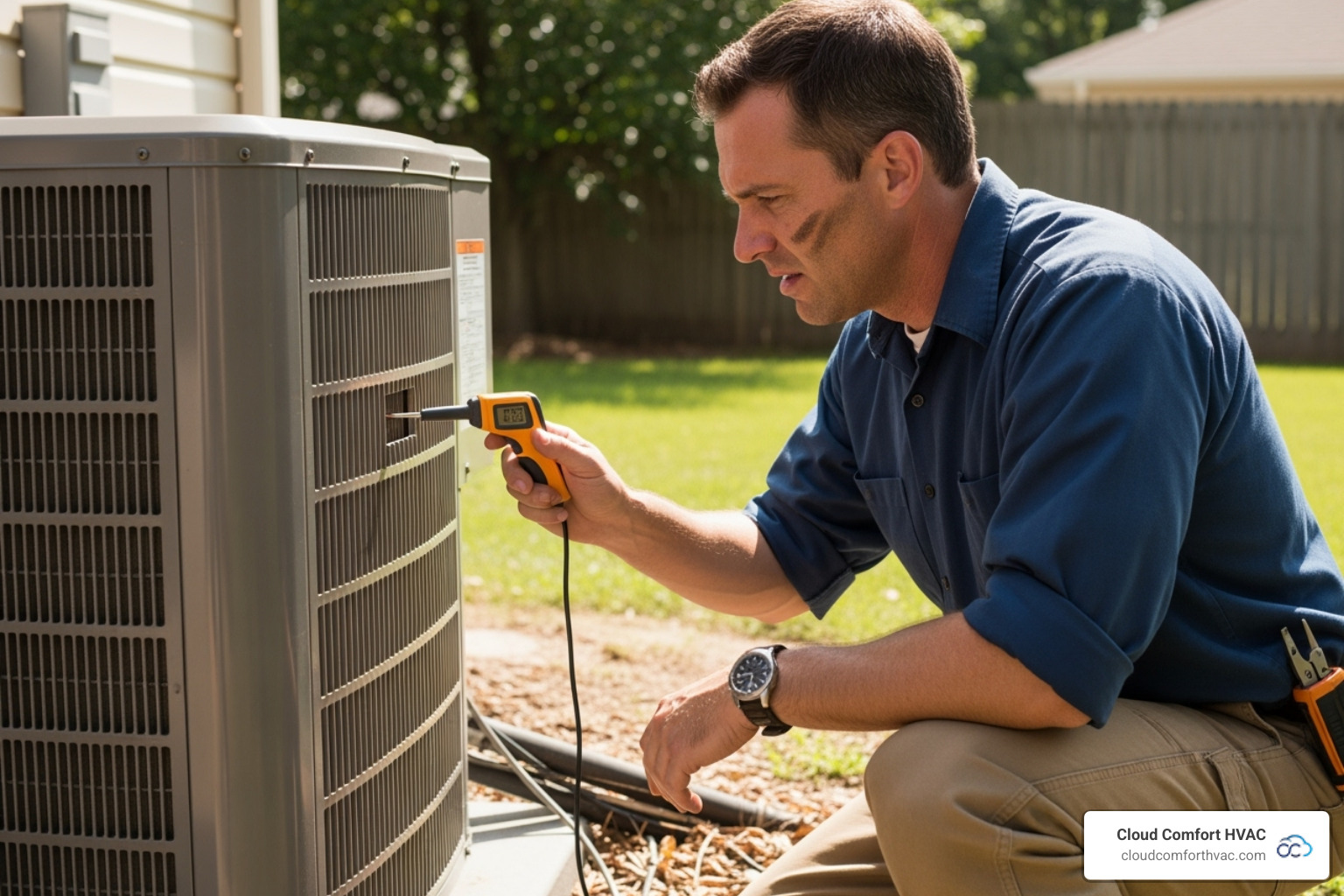 technician listening to a noisy AC unit - AC repair Torrance CA