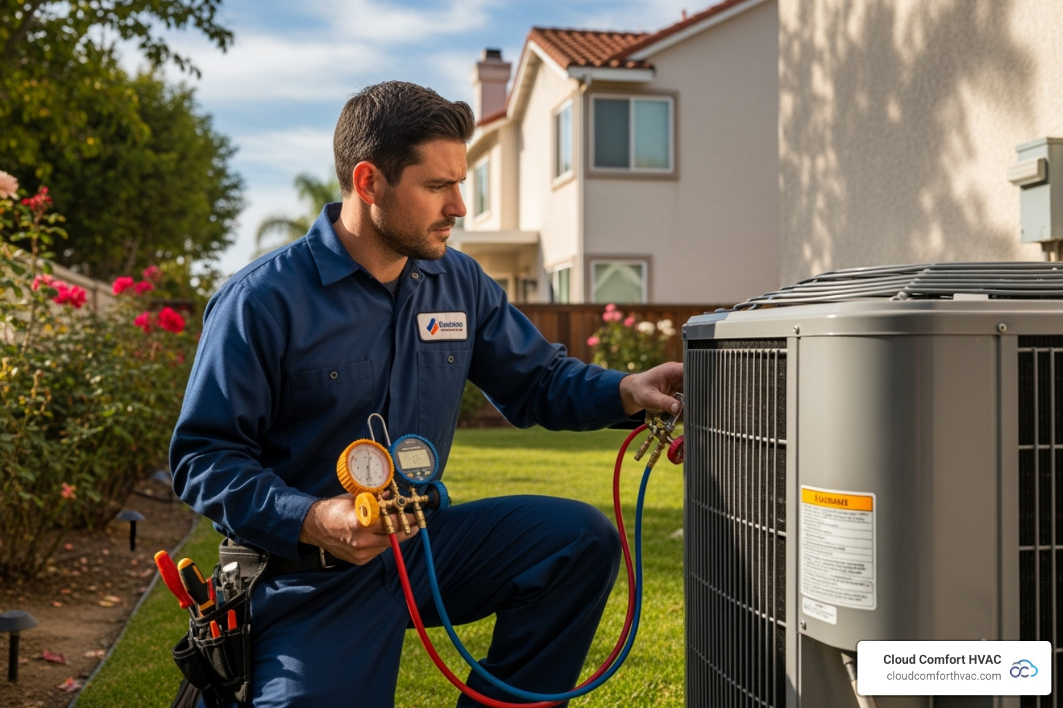 technician performing a diagnostic check on an AC system - AC repair Torrance CA