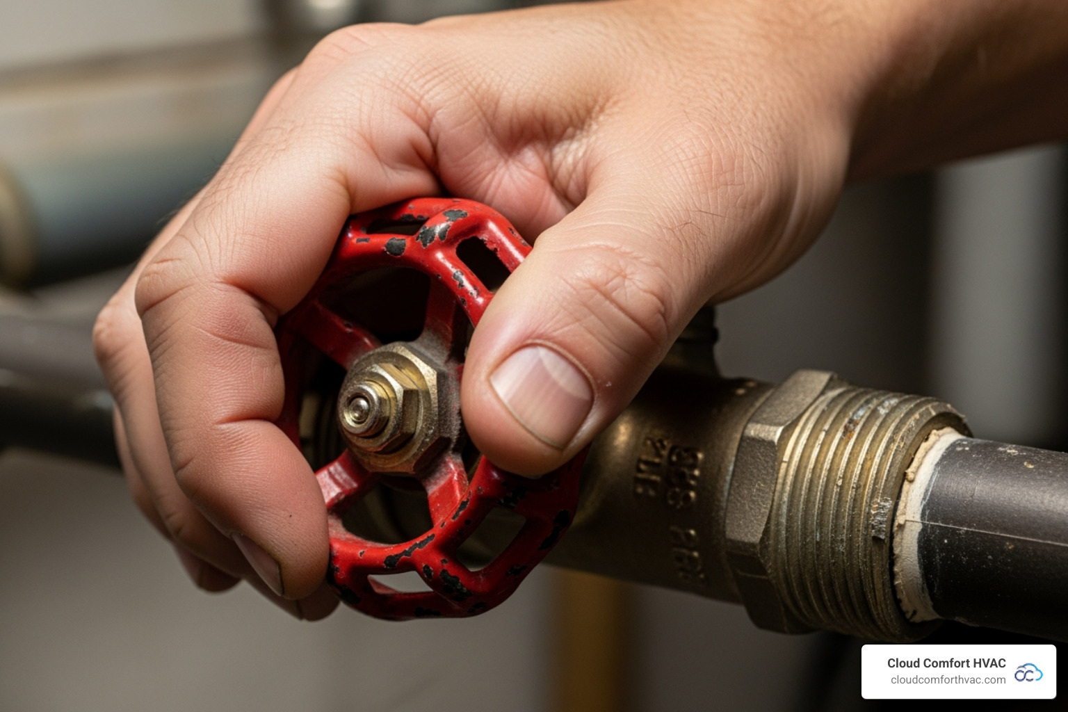 person shutting off a water valve - hot water heater leaking