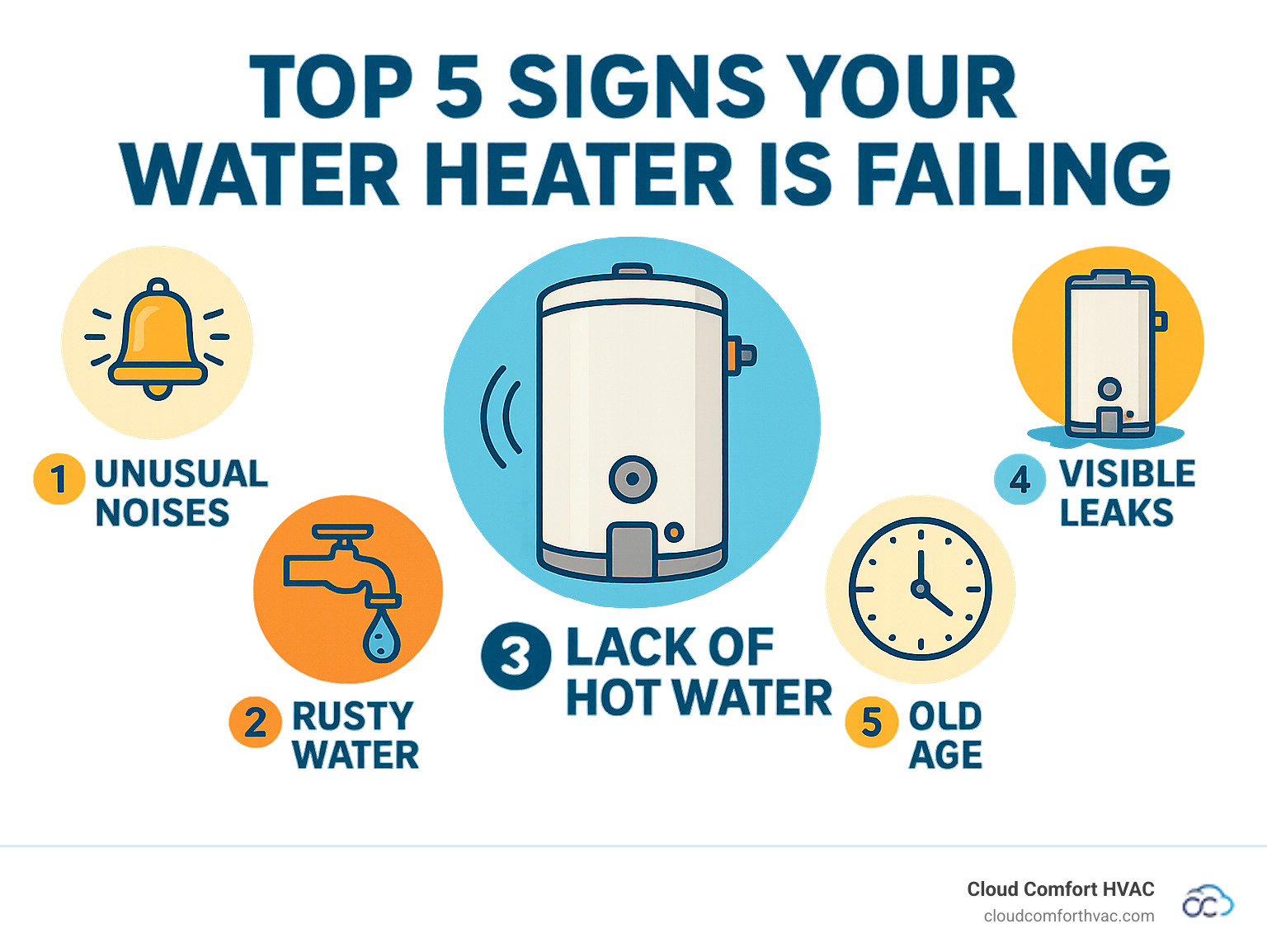 Infographic showing the top 5 signs your water heater is failing, including unusual noises, rusty water, lack of hot water, visible leaks, and old age. - hot water heater leaking infographic 