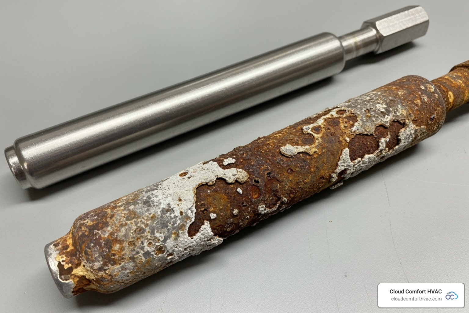 new, clean anode rod next to a corroded one - hot water heater leaking
