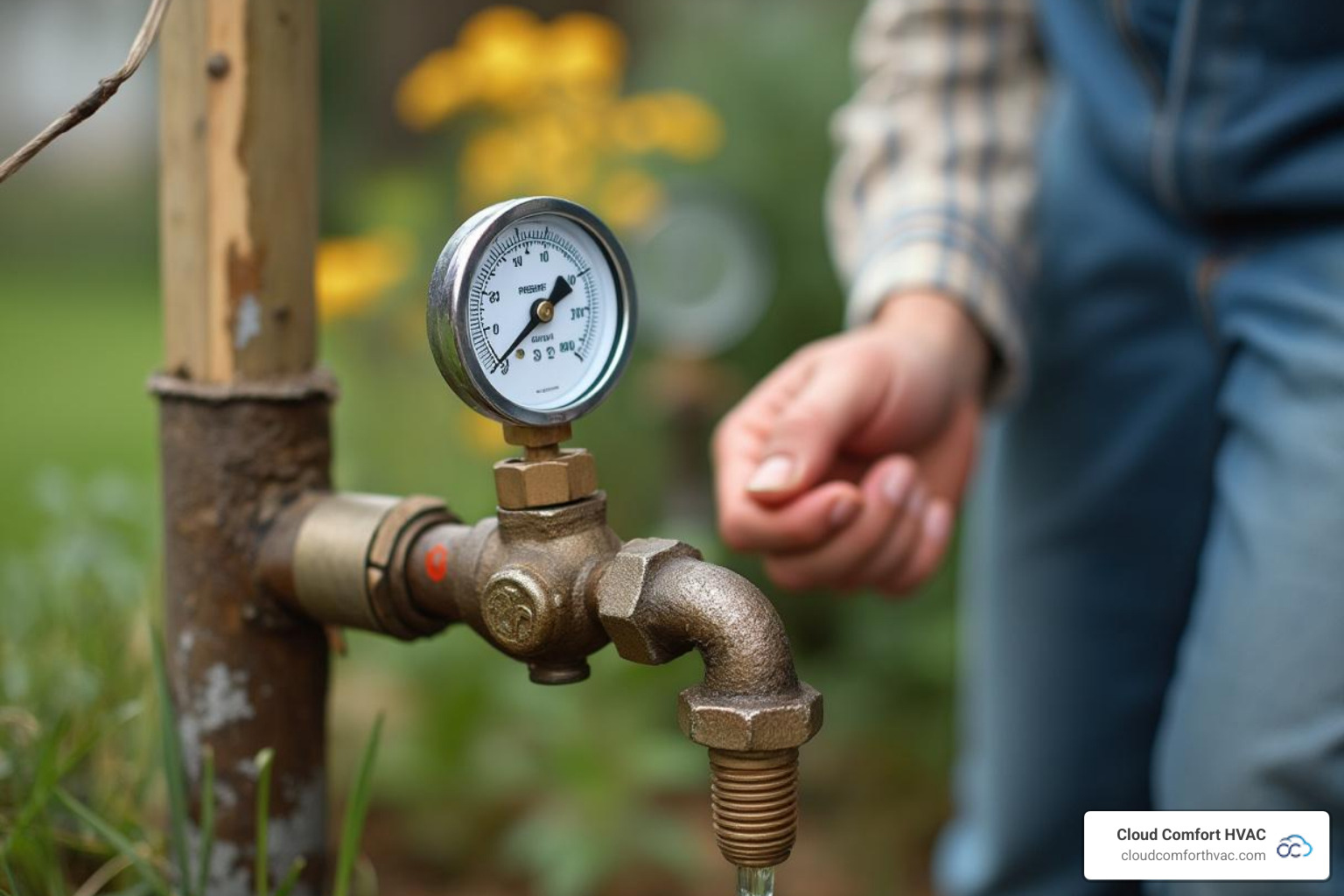 a homeowner checking a water pressure gauge on an outdoor spigot - Preventative plumbing maintenance