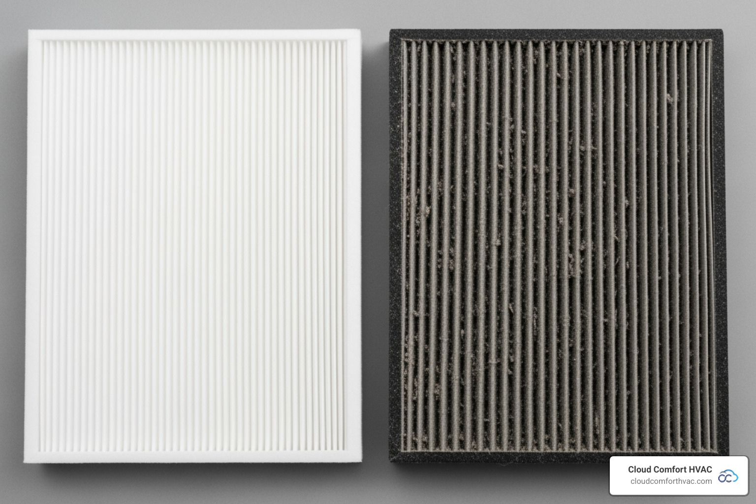 clean HVAC air filter next to a dirty one - torrance heater repair