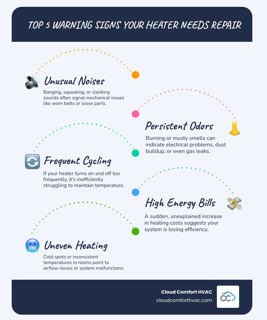 Infographic showing the top 5 warning signs that a heater in Torrance needs repair, including unusual noises, persistent odors, frequent cycling, high energy bills, and uneven heating - torrance heater repair infographic infographic-line-5-steps-blues-accent_colors