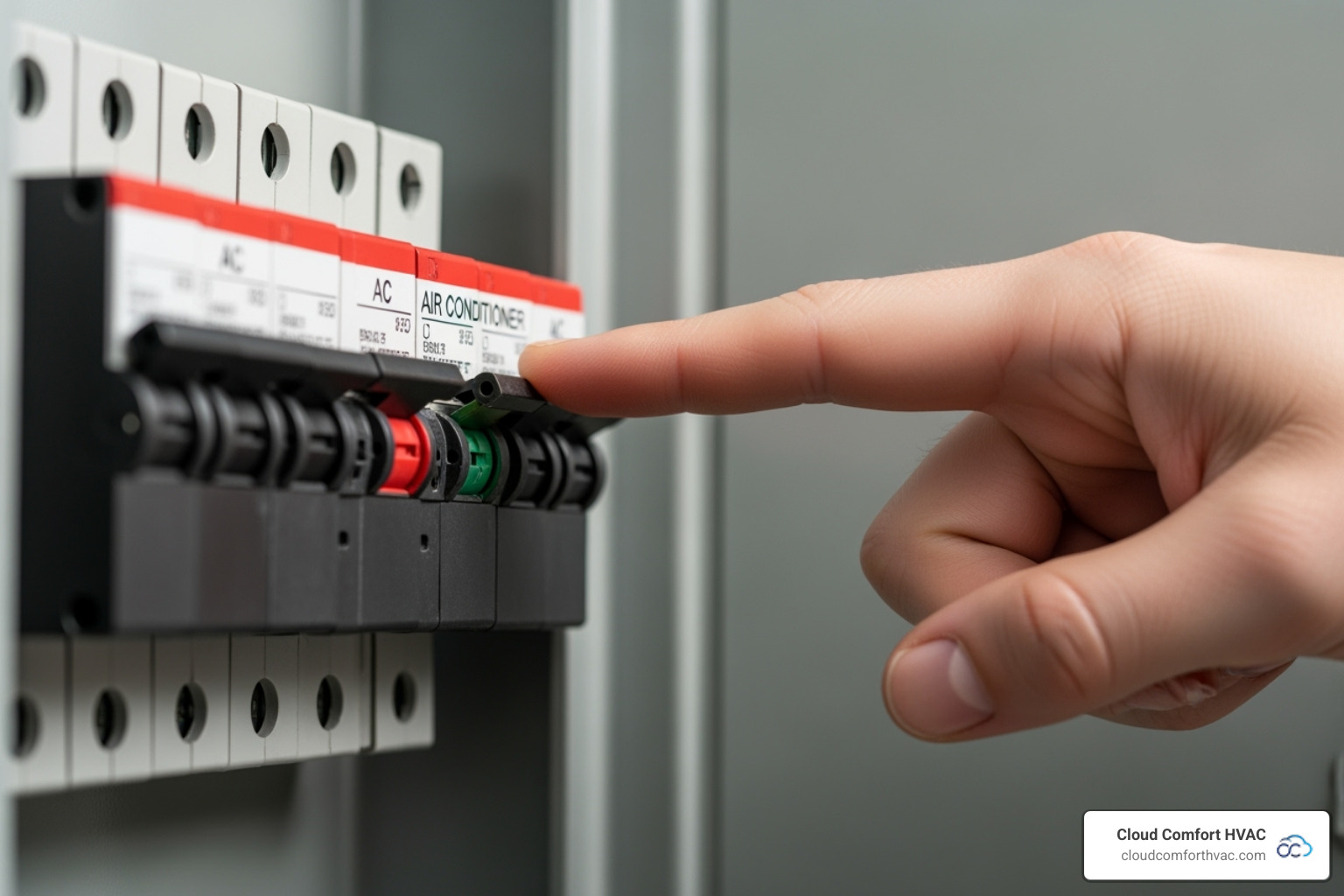 A finger points to the AC breaker in a home circuit breaker panel - AC blowing hot