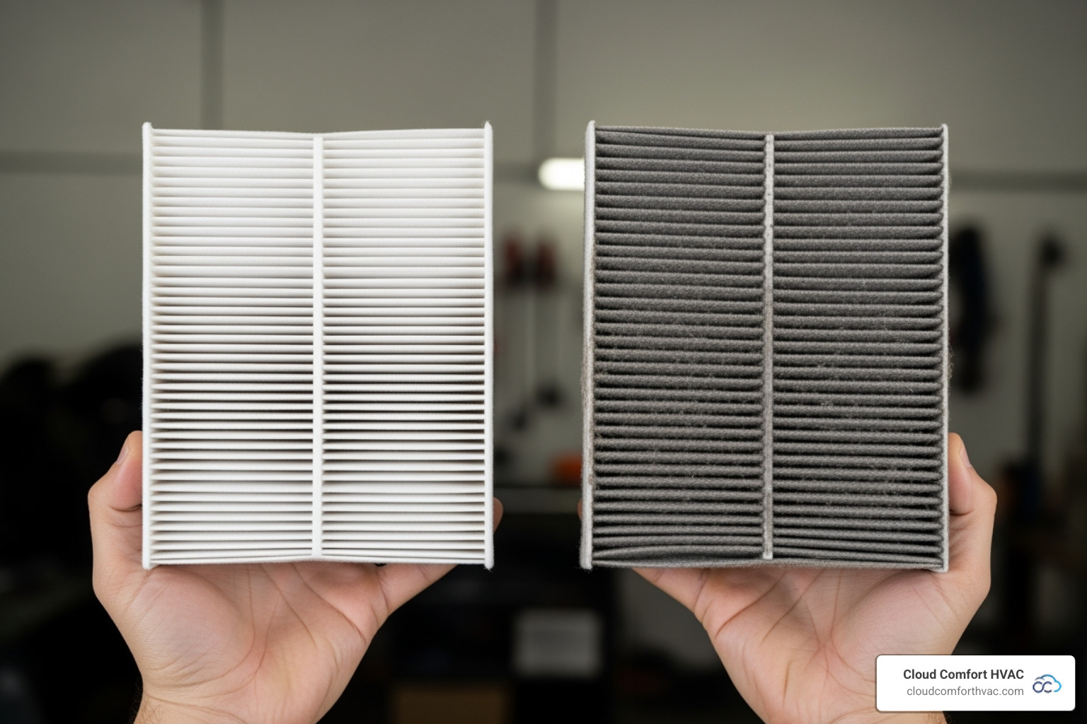 A clean air filter held next to a dirty, clogged one - AC blowing hot