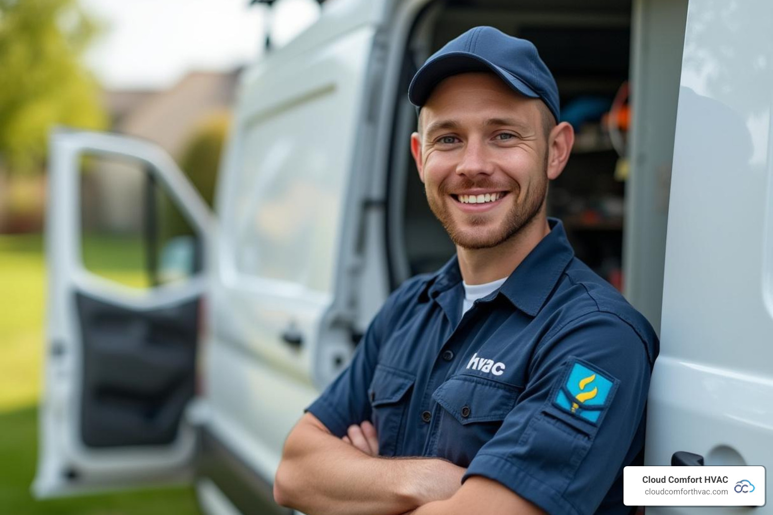 professional, friendly HVAC technician standing by a service van - heater repair torrance