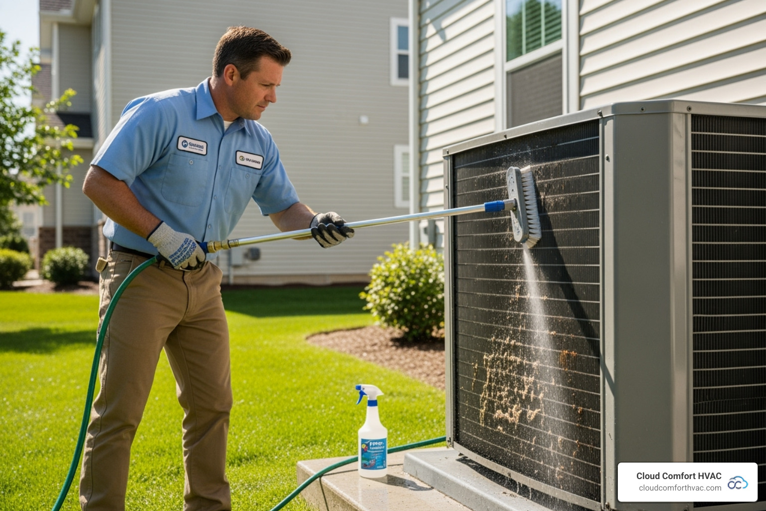 Technician cleaning an AC condenser coil - ac maintenance program