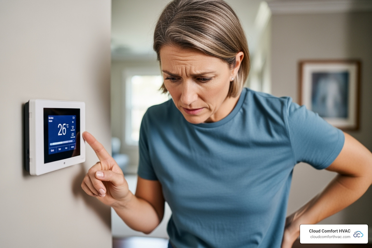 Homeowner looking concerned at their thermostat - ac maintenance program