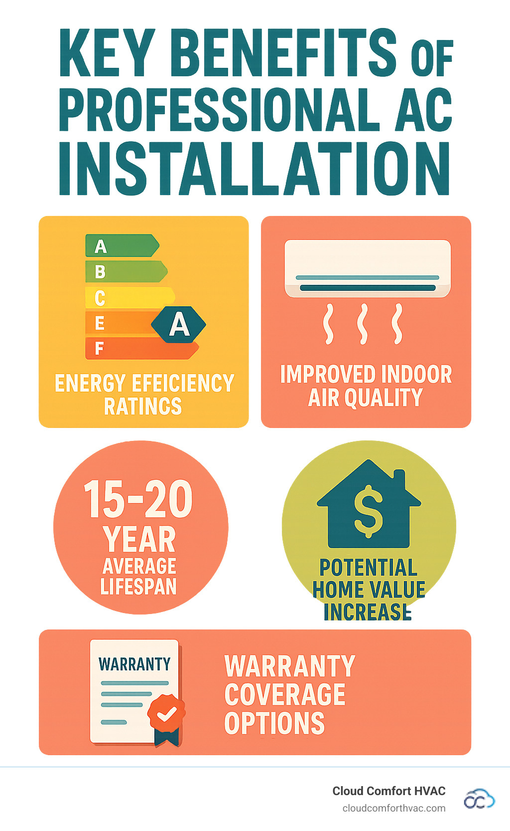 Comprehensive infographic showing the key benefits of professional AC installation including energy efficiency ratings, improved indoor air quality features, average lifespan of 15-20 years, potential home value increase, and warranty coverage options - ac installation torrance infographic 