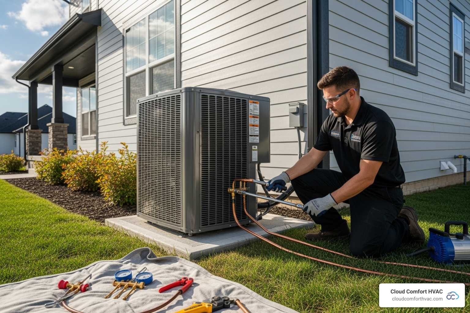 Certified technician professionally installing an outdoor condenser unit - ac installation torrance