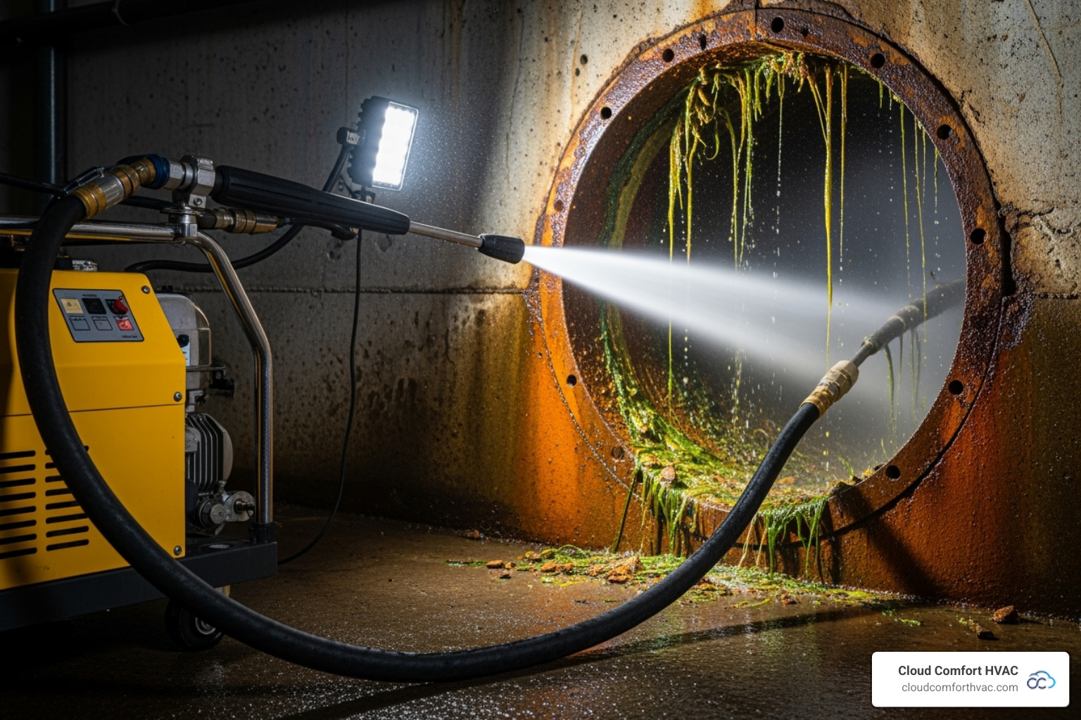 A hydro jetting machine with a high-pressure hose extended into a pipe, showing water blasting away debris - plumber gardena ca