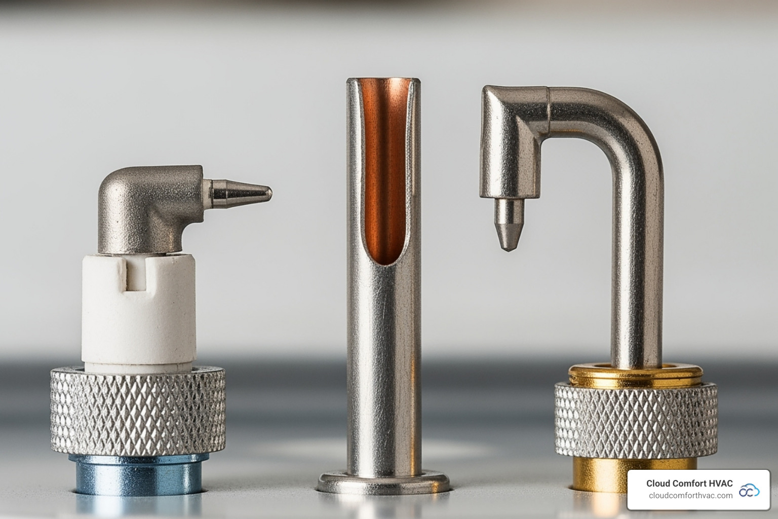 A close-up image of a water heater pilot light assembly with key components labeled: pilot tube, thermocouple, and igniter - pilot light water heater
