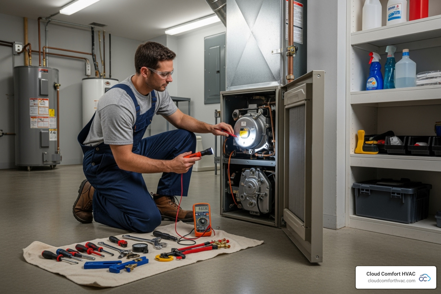 a technician inspecting a furnace - furnace repair torrance ca