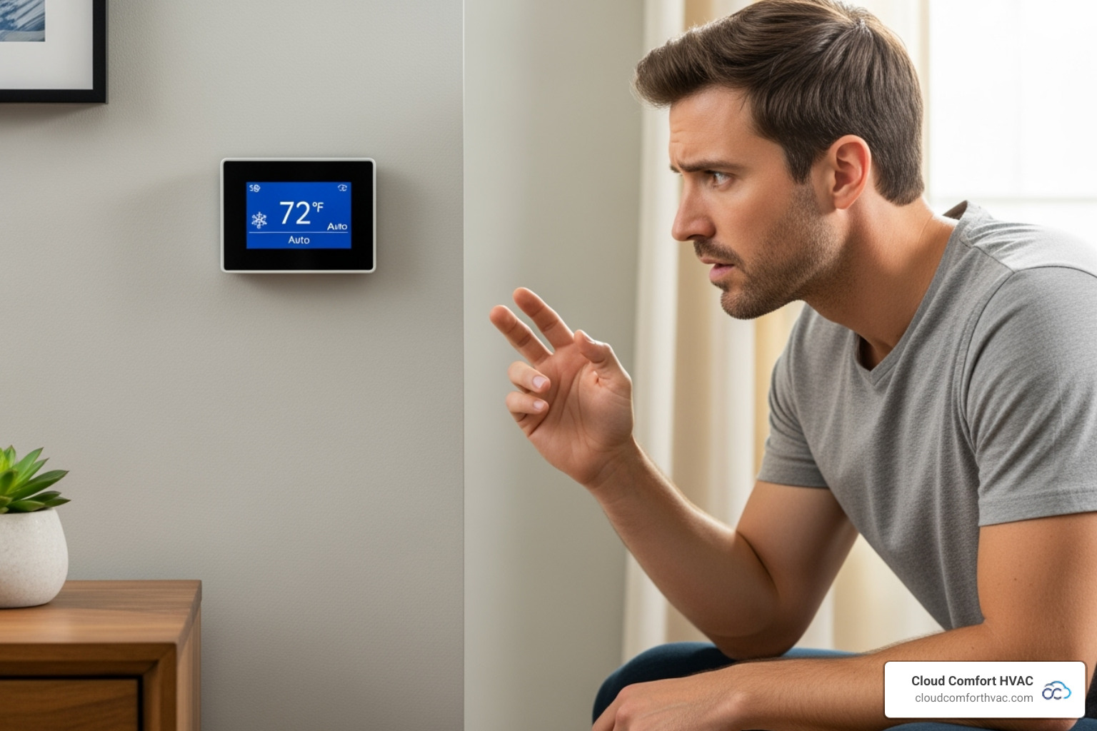 a homeowner looking quizzically at their thermostat - furnace repair torrance ca