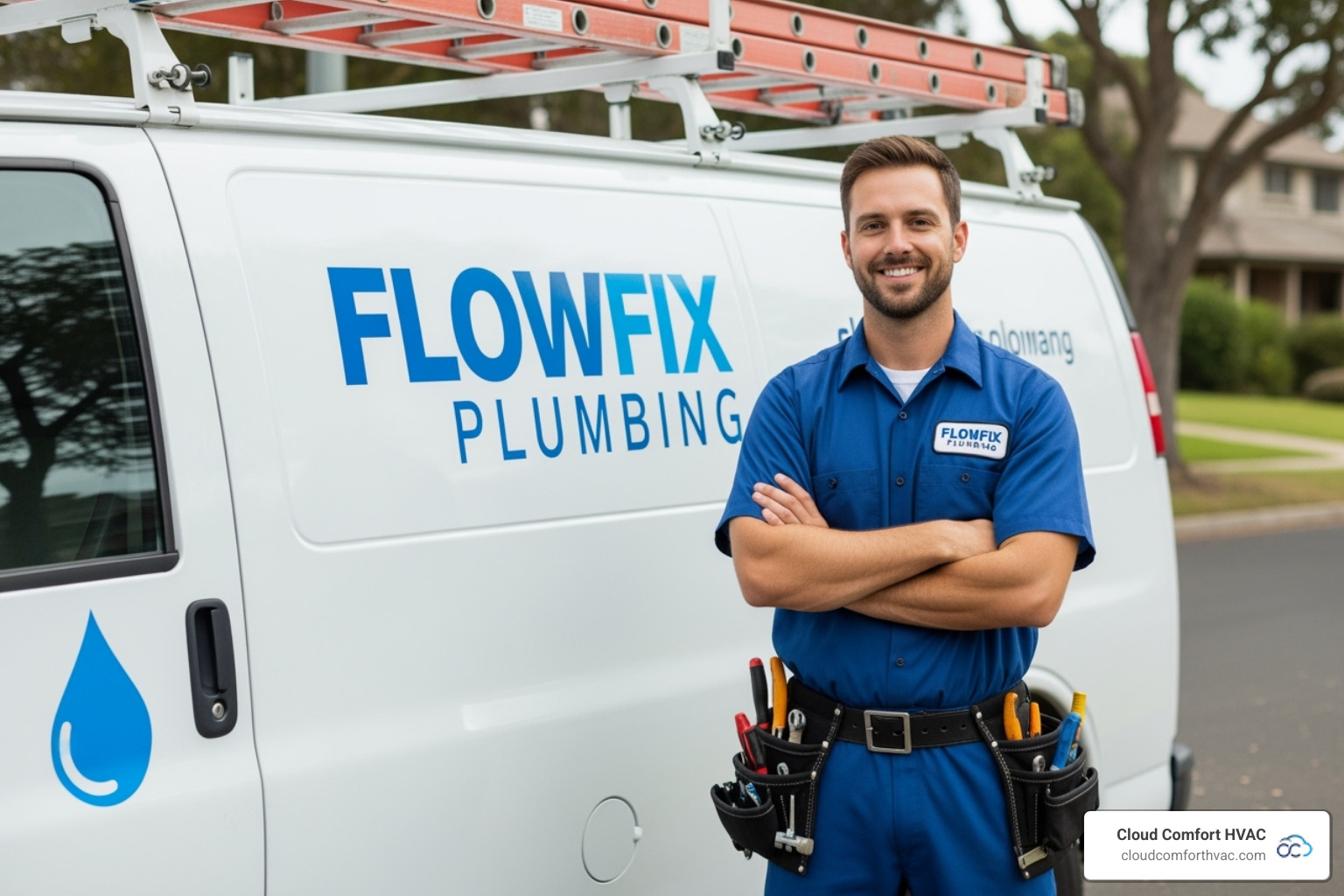 Image of a friendly, uniformed plumber standing by a service van - drain cleaning torrance ca Image of a friendly, uniformed plumber standing by a service van - drain cleaning torrance ca