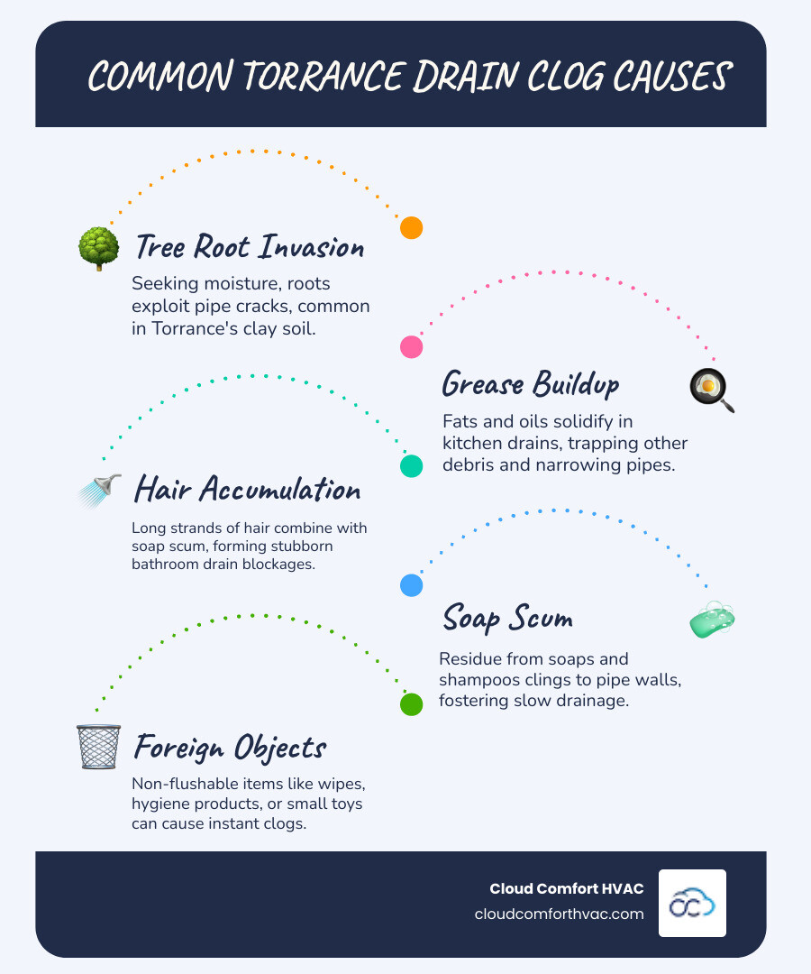 Common causes of drain clogs in Torrance homes including tree roots, grease buildup, hair accumulation, soap scum, and foreign objects, with percentage breakdown of each cause and recommended cleaning methods - drain cleaning torrance ca infographic infographic-line-5-steps-blues-accent_colors Common causes of drain clogs in Torrance homes including tree roots, grease buildup, hair accumulation, soap scum, and foreign objects, with percentage breakdown of each cause and recommended cleaning methods - drain cleaning torrance ca infographic infographic-line-5-steps-blues-accent_colors