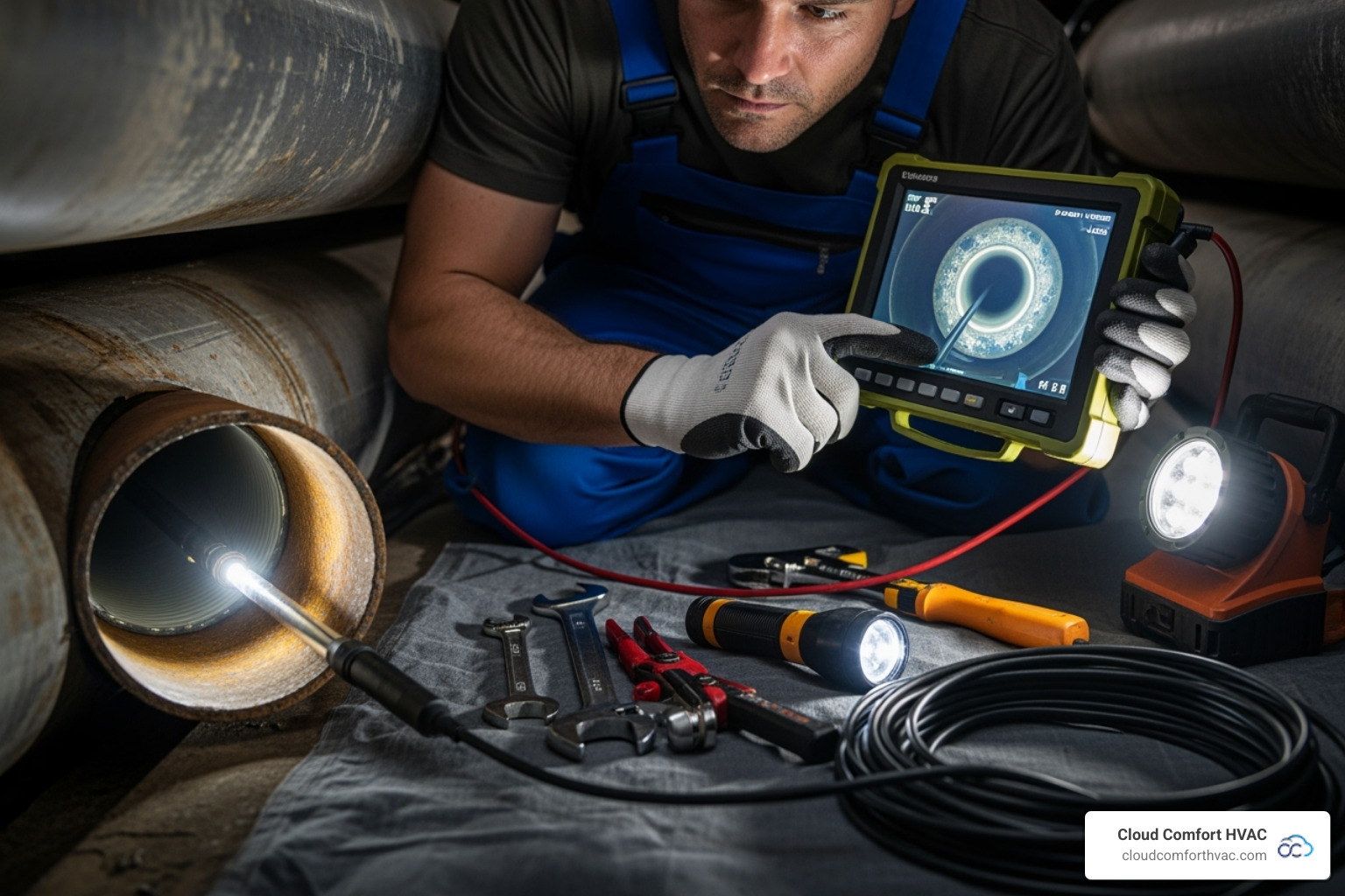 Image of a plumber using modern diagnostic tools like a video camera for pipe inspection to show attention to detail - Torrance plumbing repair Image of a plumber using modern diagnostic tools like a video camera for pipe inspection to show attention to detail - Torrance plumbing repair