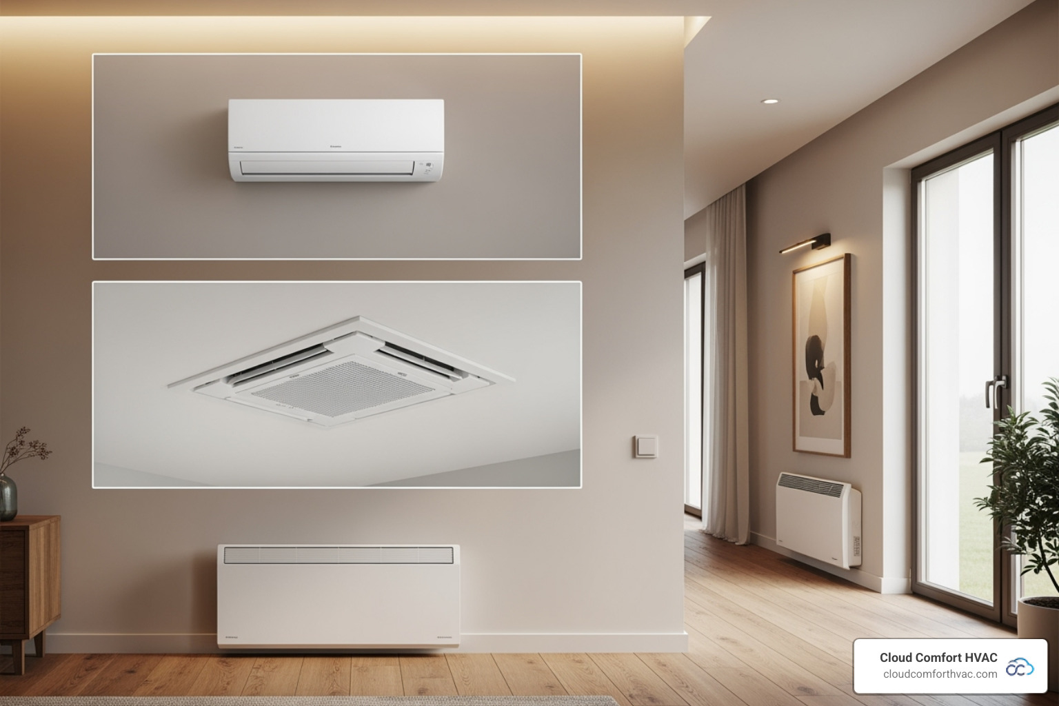 Different types of indoor ductless AC units including wall-mounted, ceiling cassette, and floor-mounted models - ductless AC installation Torrance