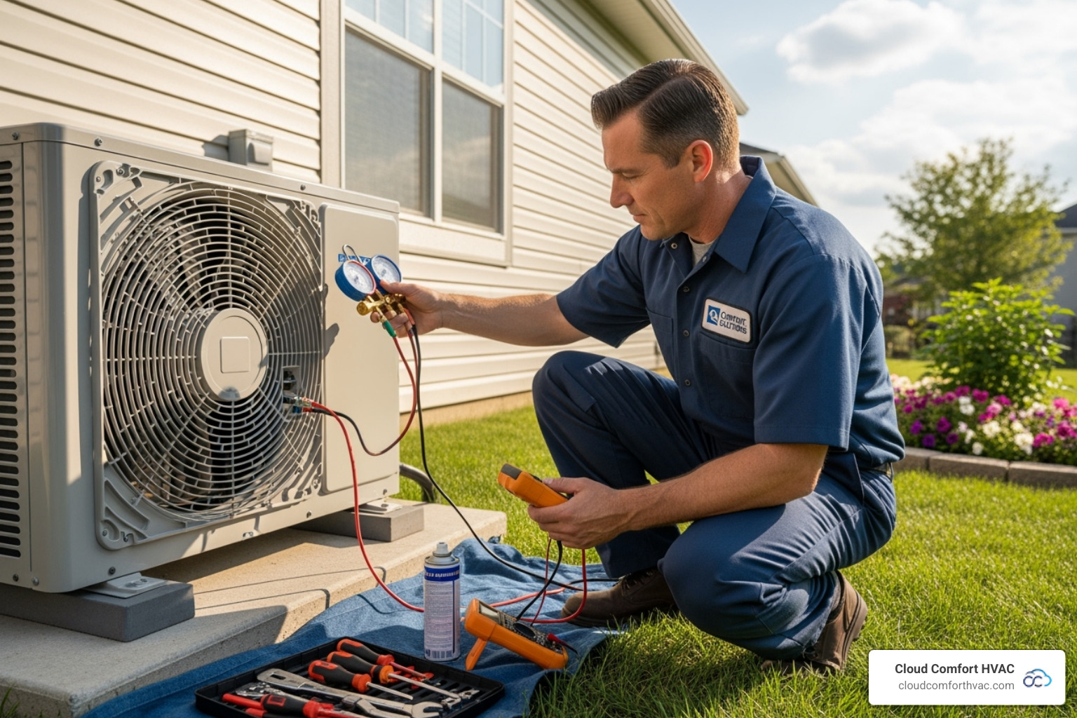 Technician performing a professional tune-up on an outdoor ductless mini-split unit - ductless AC installation Torrance