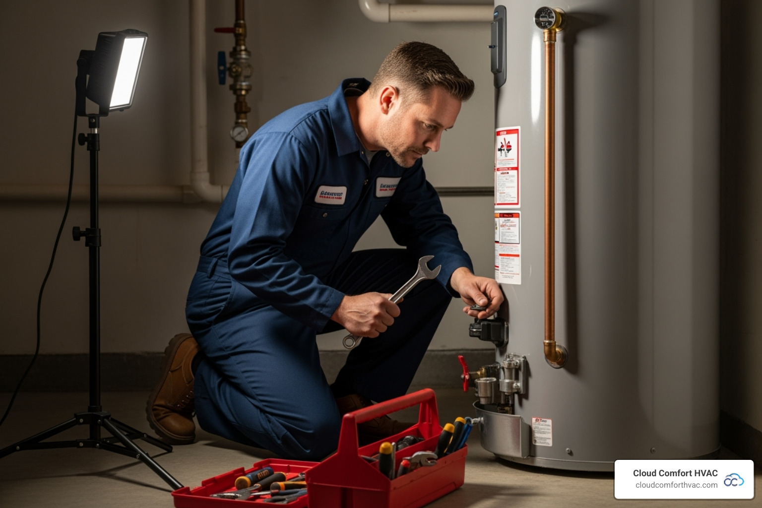 a professional technician inspecting a water heater - residential water heater repair