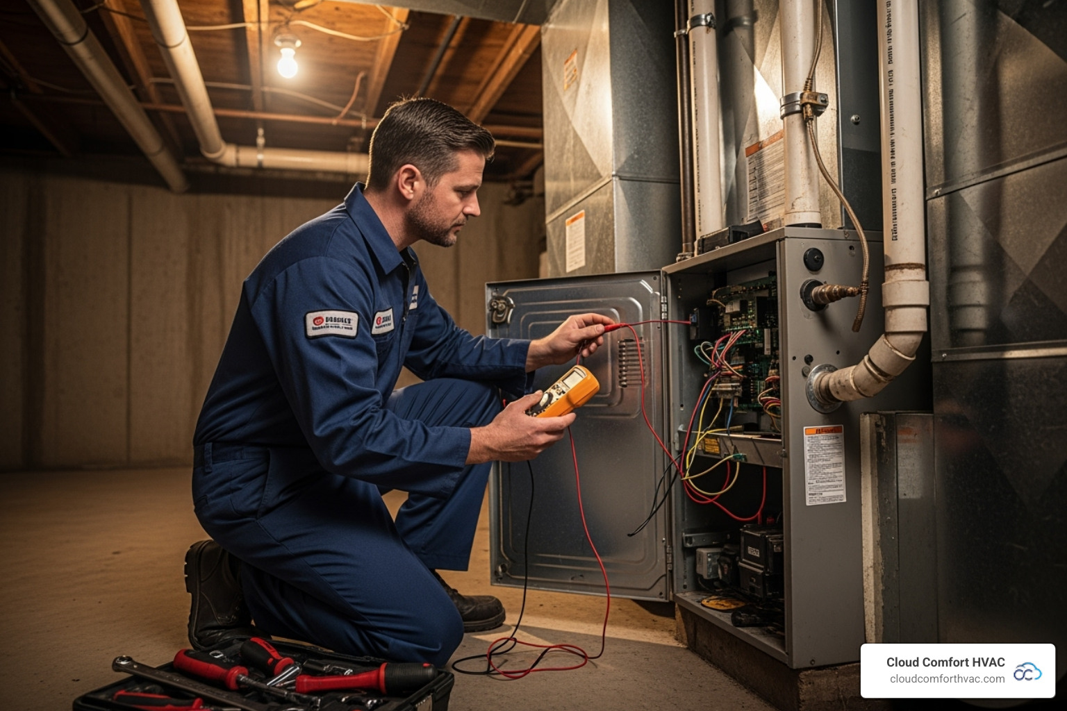 a professional technician inspecting a furnace - furnace not heating