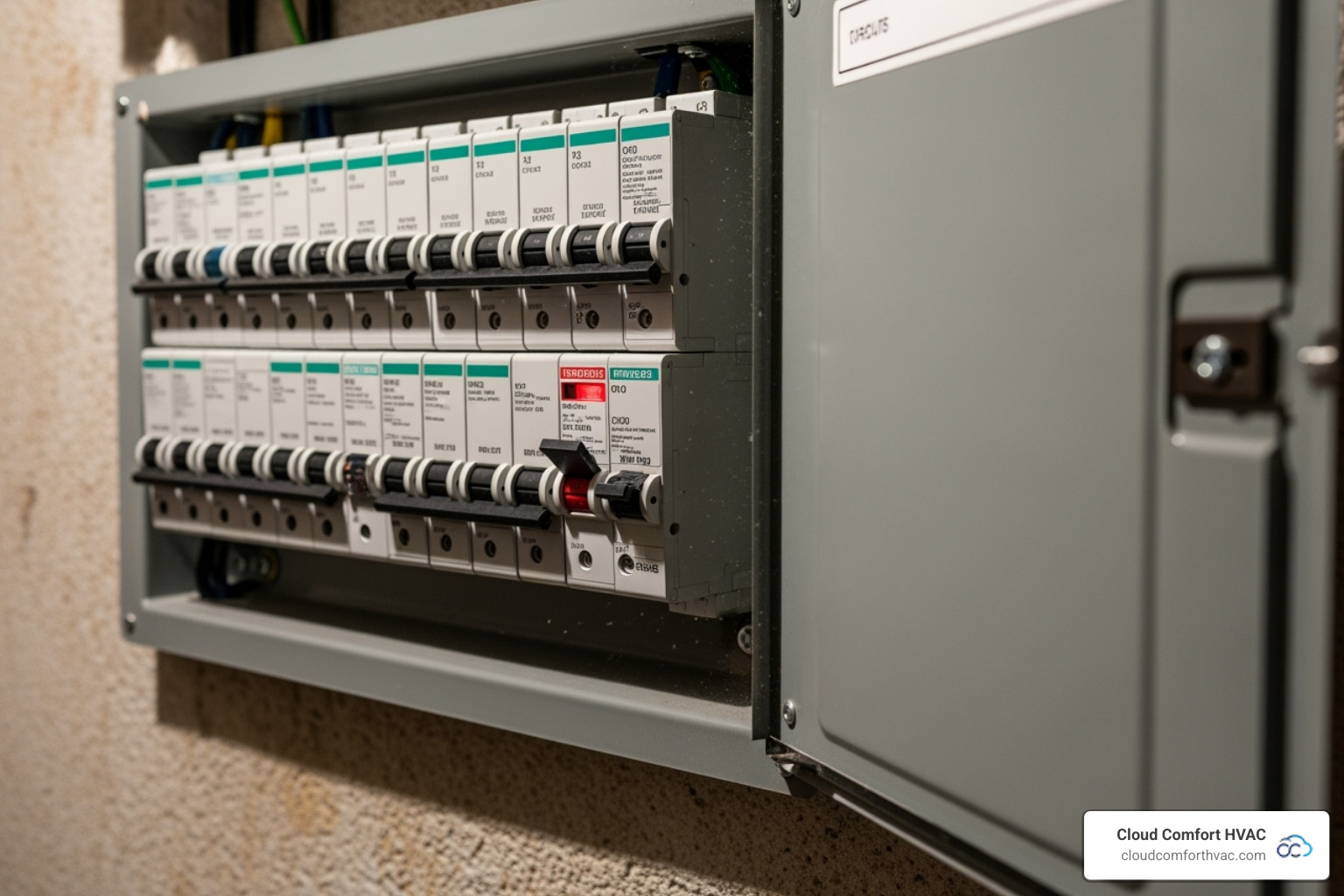 a home's circuit breaker panel with one switch tripped - furnace not heating