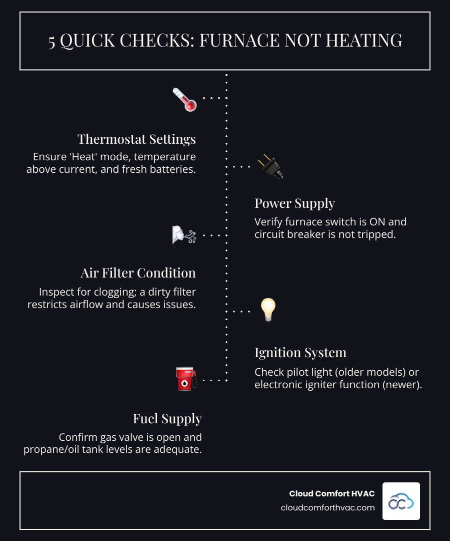 Flowchart detailing 5 common reasons a furnace might not be heating: 1. Check Thermostat (Heat mode, temp setting), 2. Check Power (Switch, Circuit Breaker), 3. Check Air Filter (Clean/Replace), 4. Check Pilot Light/Ignition, 5. Check Fuel Supply (Gas valve, tank levels). Indicates when to call a professional if issues persist. - furnace not heating infographic infographic-line-5-steps-dark