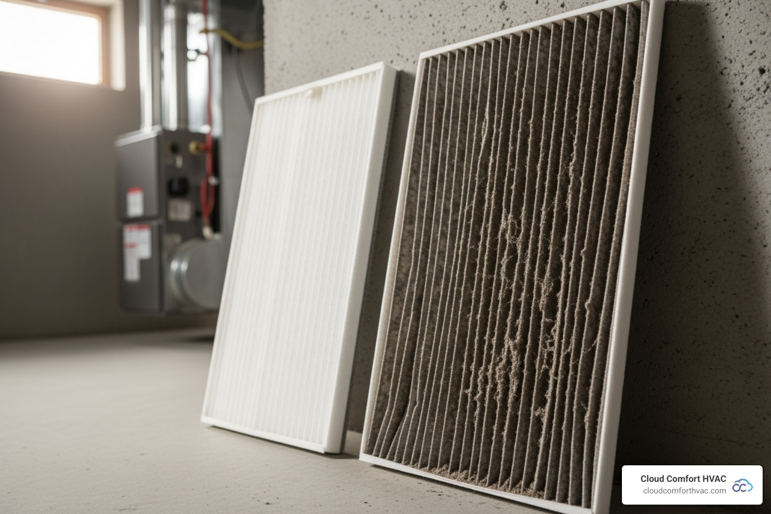 a dirty furnace filter next to a clean one - furnace not heating
