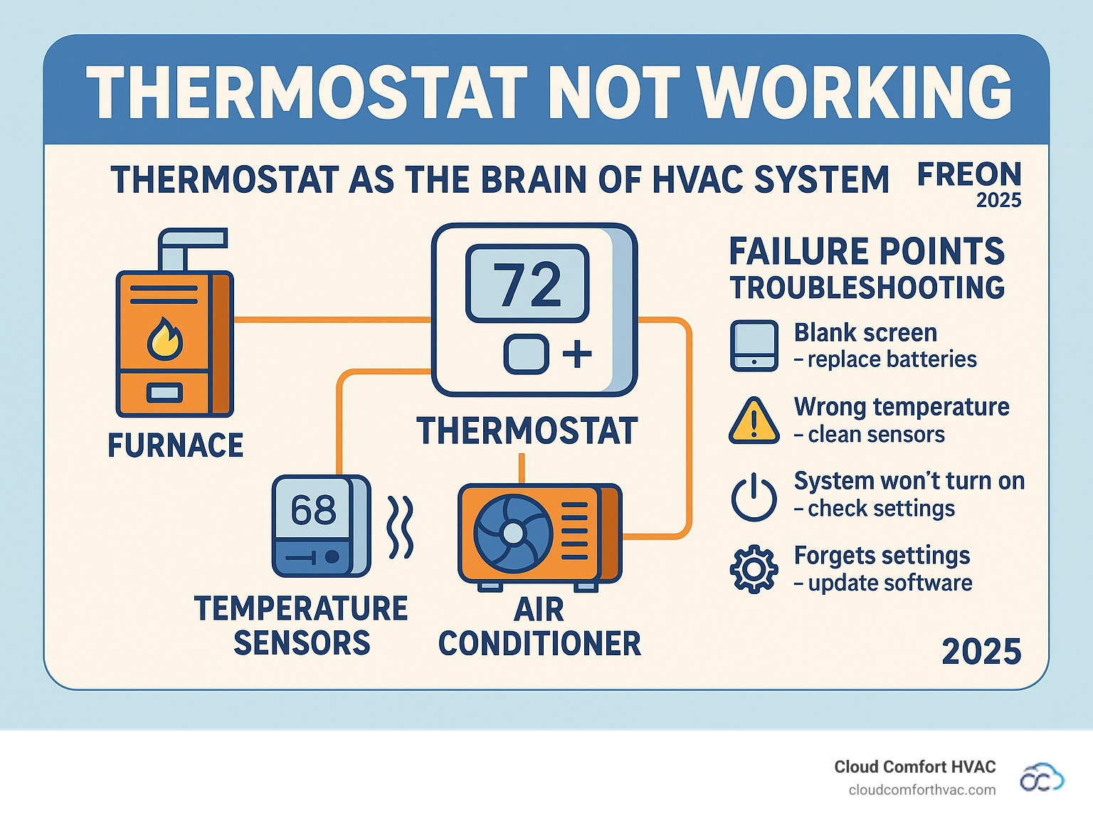 Detailed infographic showing thermostat as the central brain of HVAC system with connections to furnace, air conditioner, and temperature sensors, illustrating common failure points and troubleshooting steps - Thermostat not working infographic 