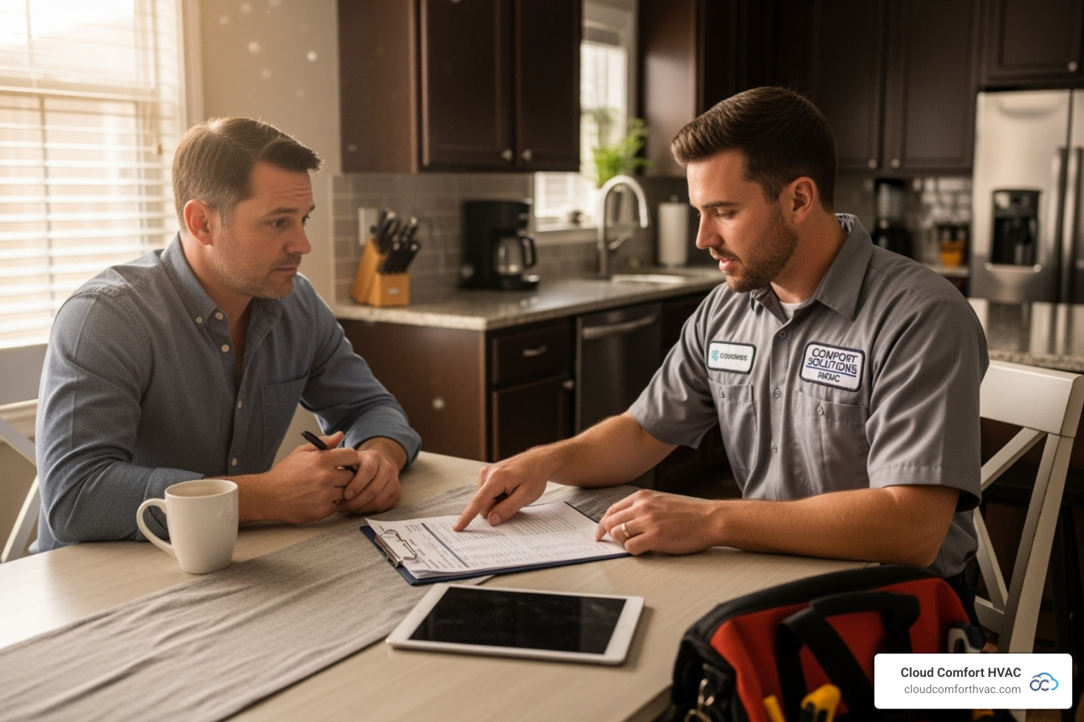 A person reviewing an invoice with an HVAC technician - hvac repair in torrance