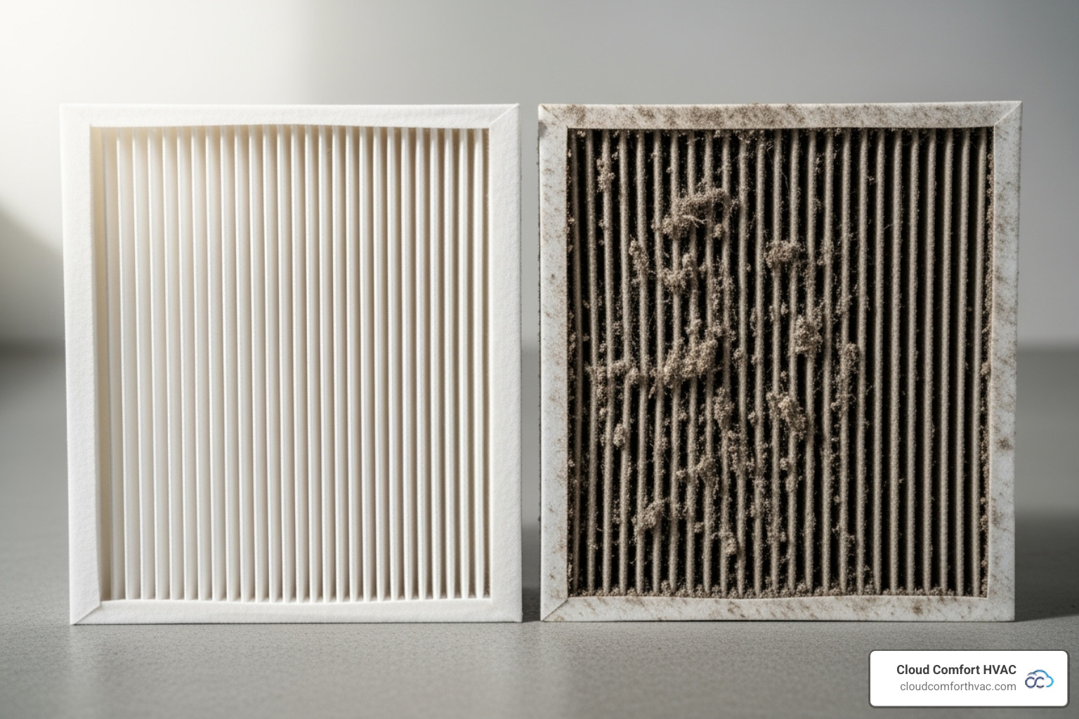 A clean HVAC air filter next to a dirty one - hvac repair in torrance