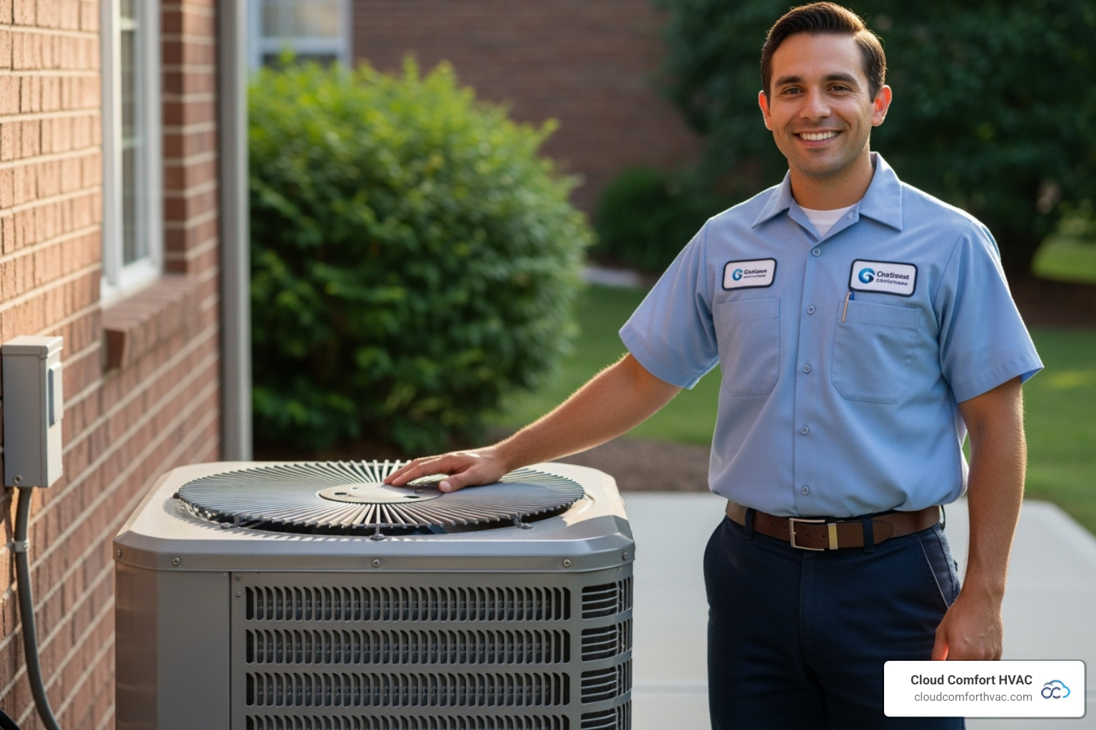friendly technician smiling next to an outdoor AC unit - ac performance check friendly technician smiling next to an outdoor AC unit - ac performance check