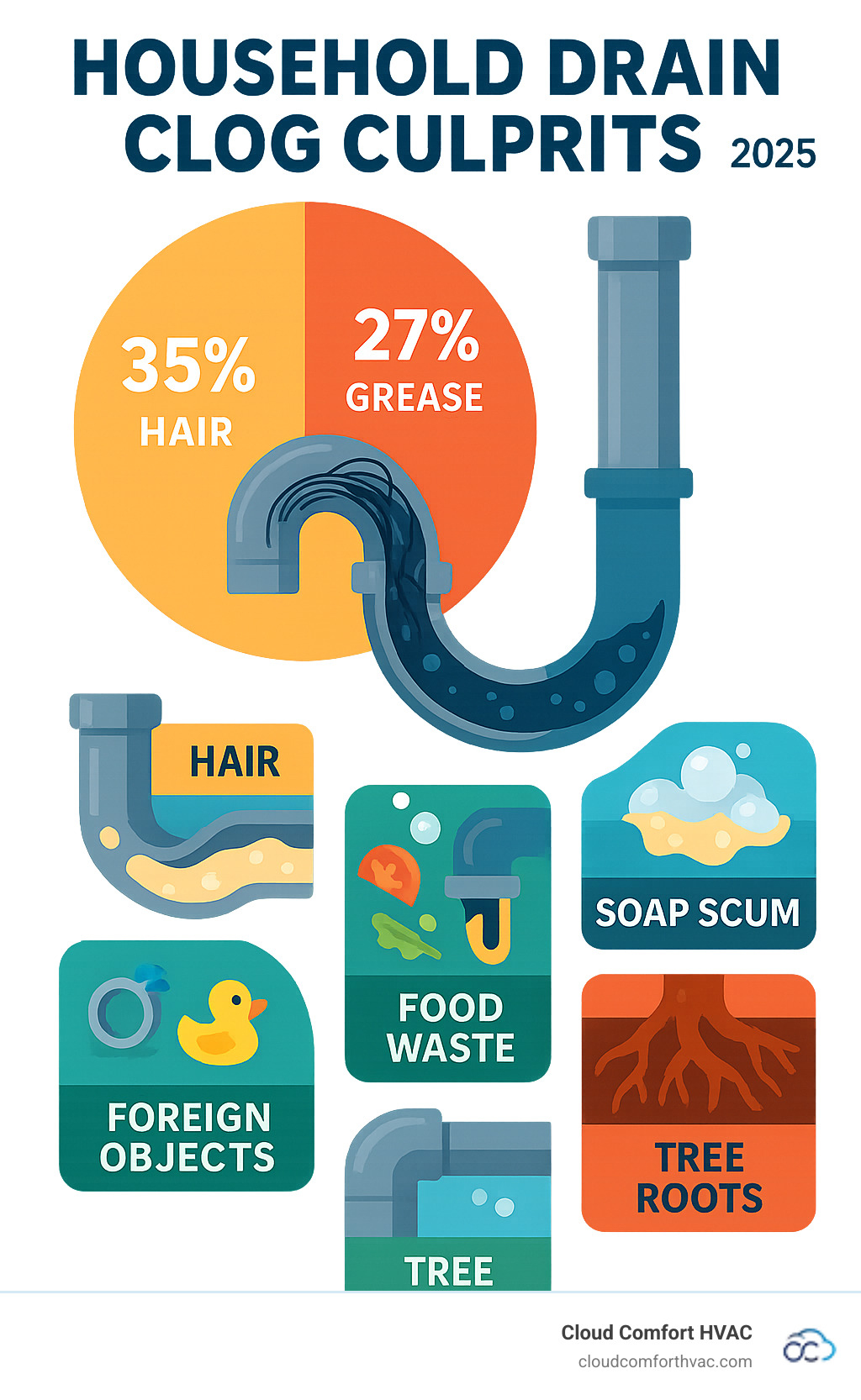 Infographic showing the most common household drain clog culprits including hair buildup in bathroom drains, soap scum accumulation, food waste particles, fats oils and grease (FOG) in kitchen sinks, foreign objects like jewelry or toys, and tree roots in main sewer lines, with percentages showing hair and grease as the top two causes - Torrance drain cleaning infographic 