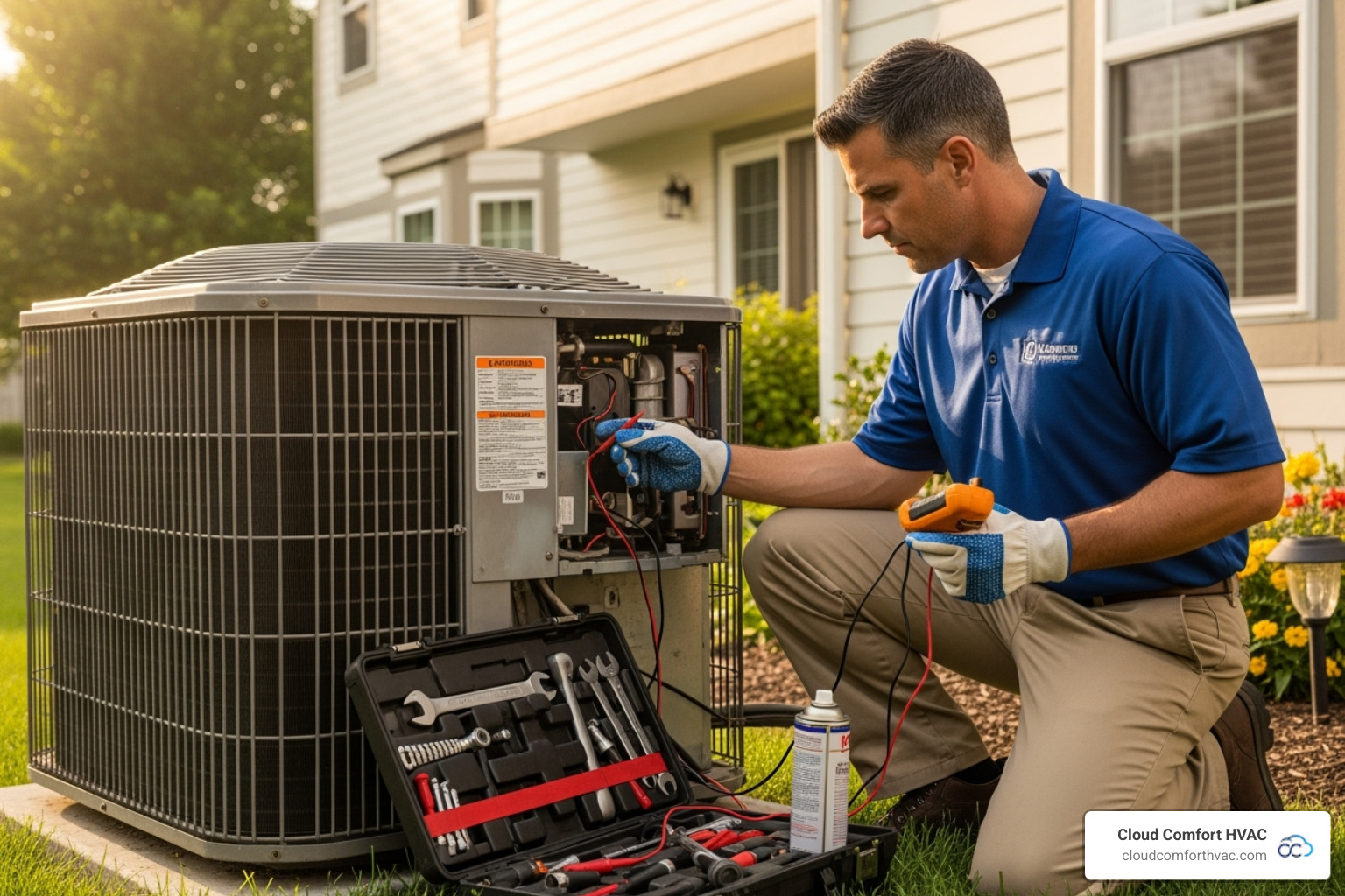Technician inspecting an outdoor AC unit - AC repair Manhattan Beach