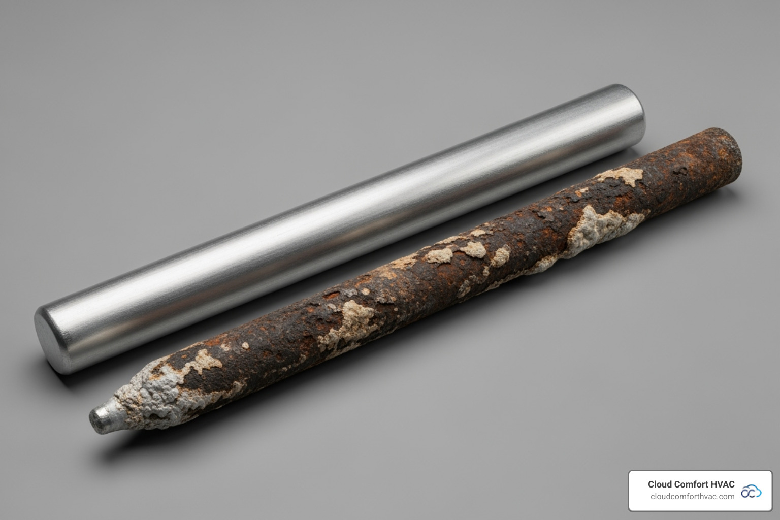 A new anode rod next to a completely corroded one - water heater anode rod
