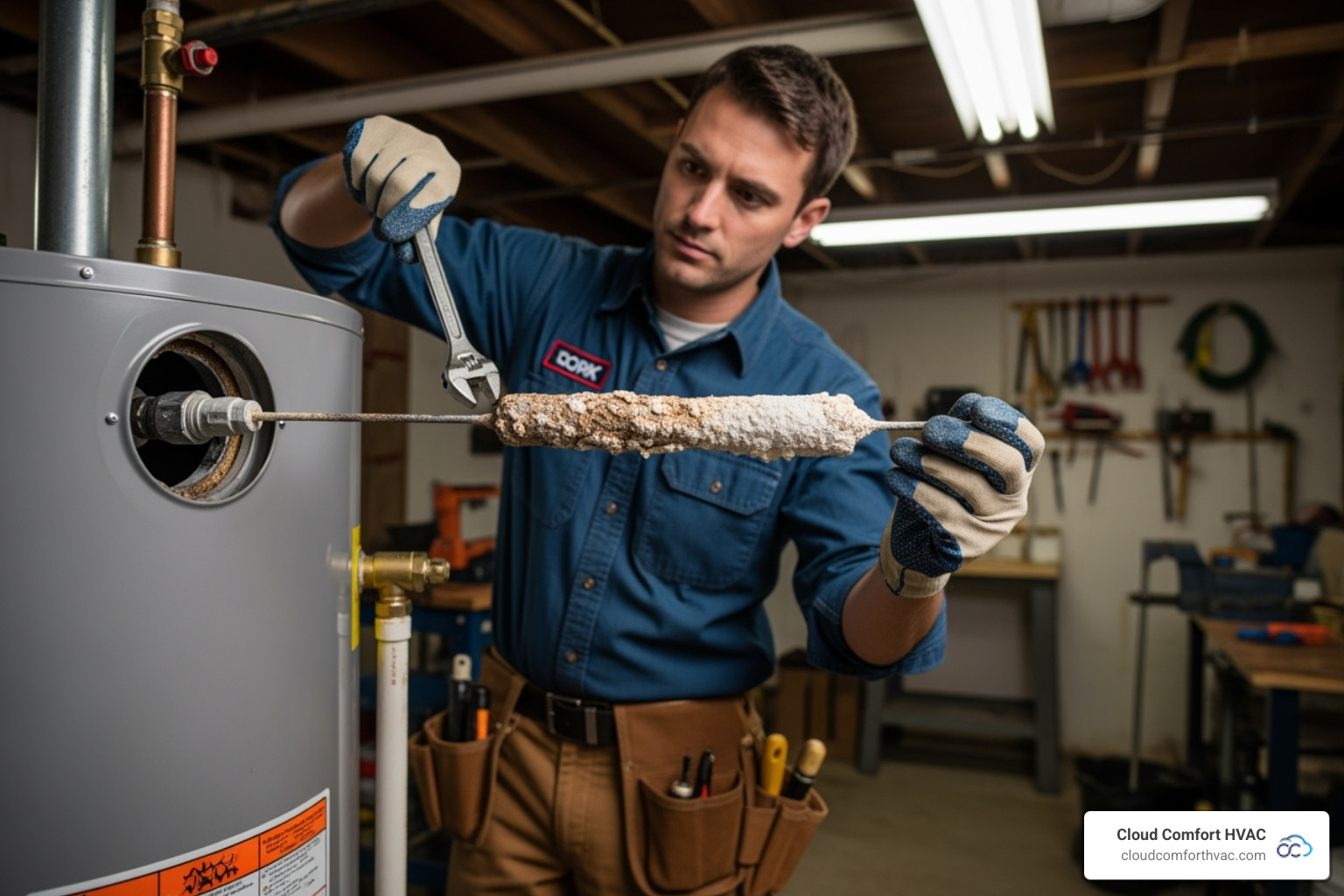 A plumber inspecting a water heater anode rod - water heater anode rod