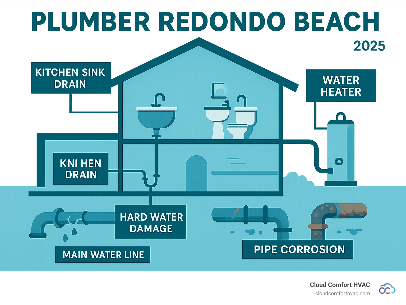 Infographic showing common plumbing problem areas in a typical Redondo Beach home including kitchen sink drains, bathroom fixtures, water heater locations, main water lines, and coastal-specific issues like hard water damage and pipe corrosion - plumber redondo beach infographic  Infographic showing common plumbing problem areas in a typical Redondo Beach home including kitchen sink drains, bathroom fixtures, water heater locations, main water lines, and coastal-specific issues like hard water damage and pipe corrosion - plumber redondo beach infographic