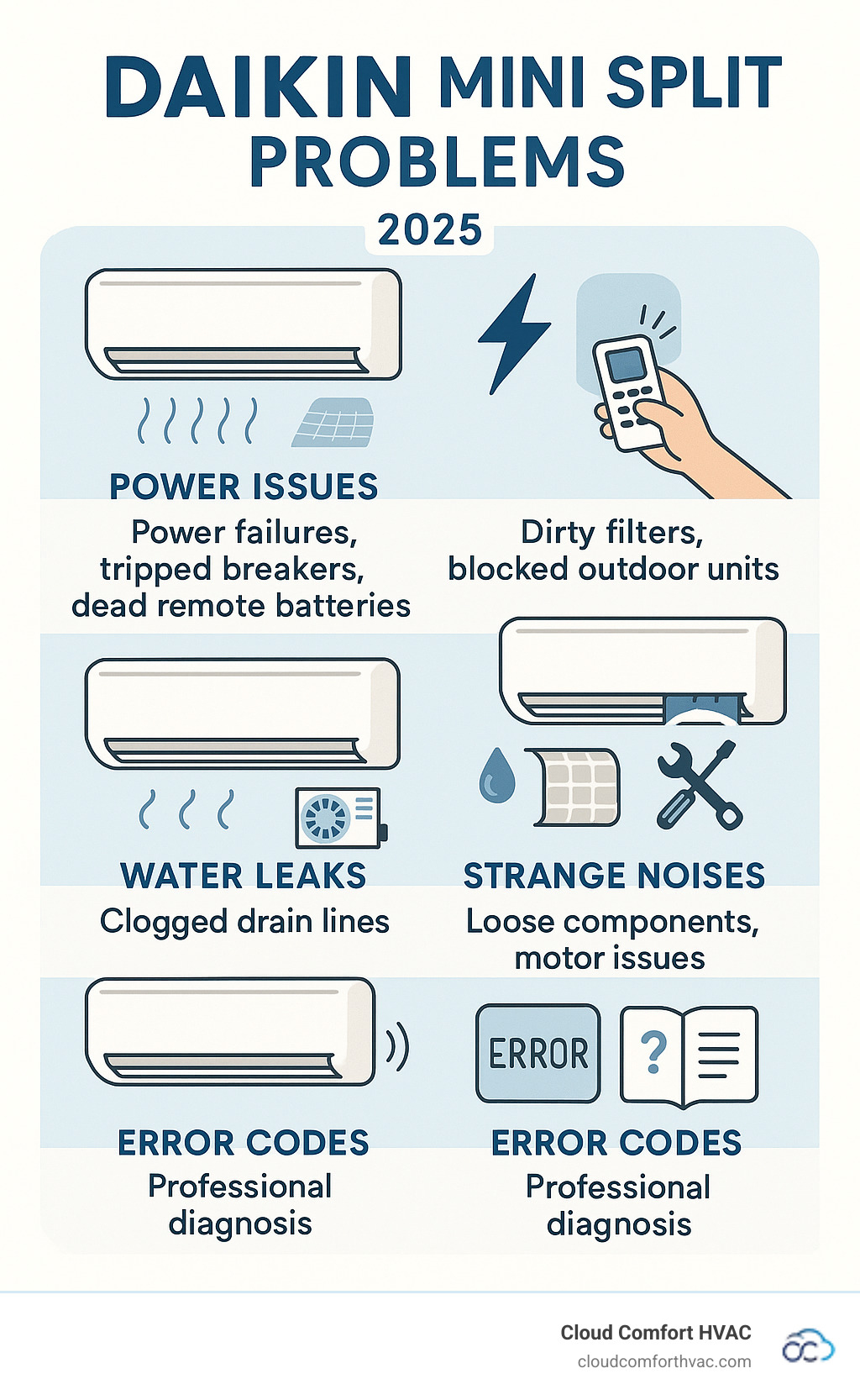 Infographic showing the top 5 most common Daikin mini-split problems: power failures from tripped breakers or dead remote batteries, poor heating and cooling from dirty filters or blocked outdoor units, water leaks from clogged drain lines, strange noises from loose components or motor issues, and error codes requiring professional diagnosis - Daikin mini split problems infographic 