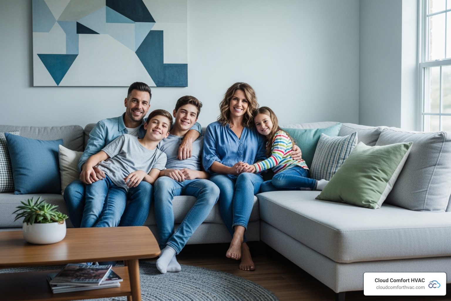 A happy family relaxing in a cool, comfortable home - daikin ac maintenance