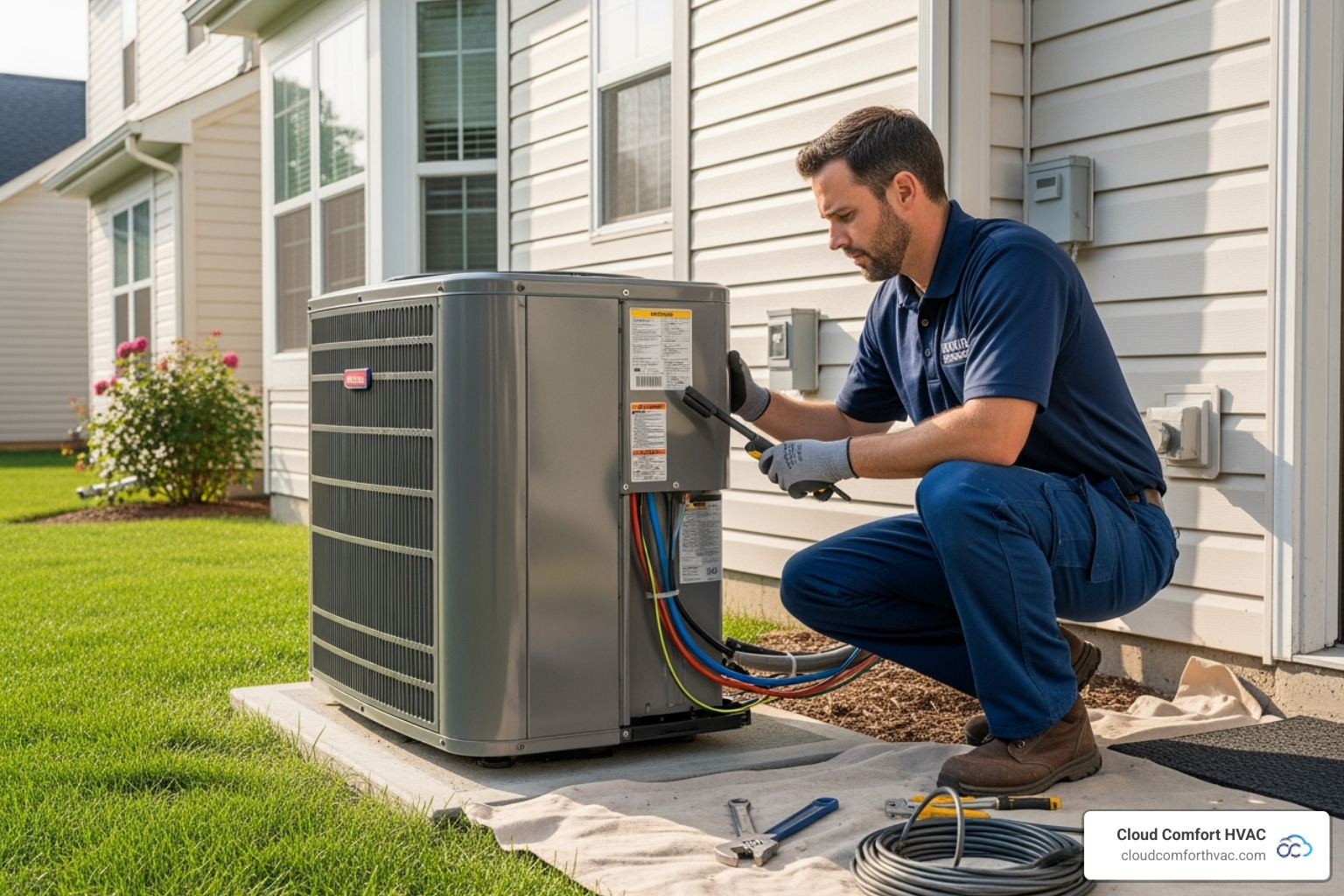 professional technician carefully installing an outdoor condenser unit - ac installation rancho palos verdes, ca