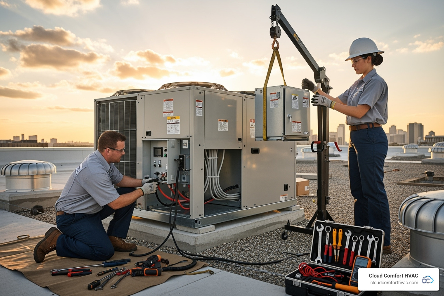 HVAC technicians professionally installing a new unit on a commercial roof - commercial hvac installation carson, ca HVAC technicians professionally installing a new unit on a commercial roof - commercial hvac installation carson, ca