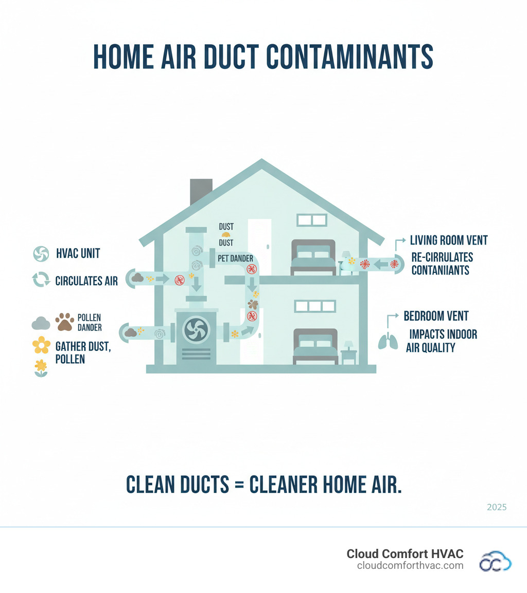 infographic showing dust, pet dander, pollen, and allergens circulating through home ductwork from HVAC unit to vents in different rooms, with arrows indicating airflow and buildup of contaminants in duct walls - air duct cleaning torrance, ca infographic 