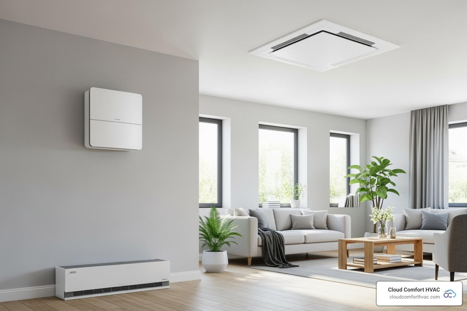 Different types of indoor mini-split units: a sleek wall-mounted unit, a discreet ceiling cassette unit, and a low-profile floor-mounted unit - ductless mini split installation carson, ca