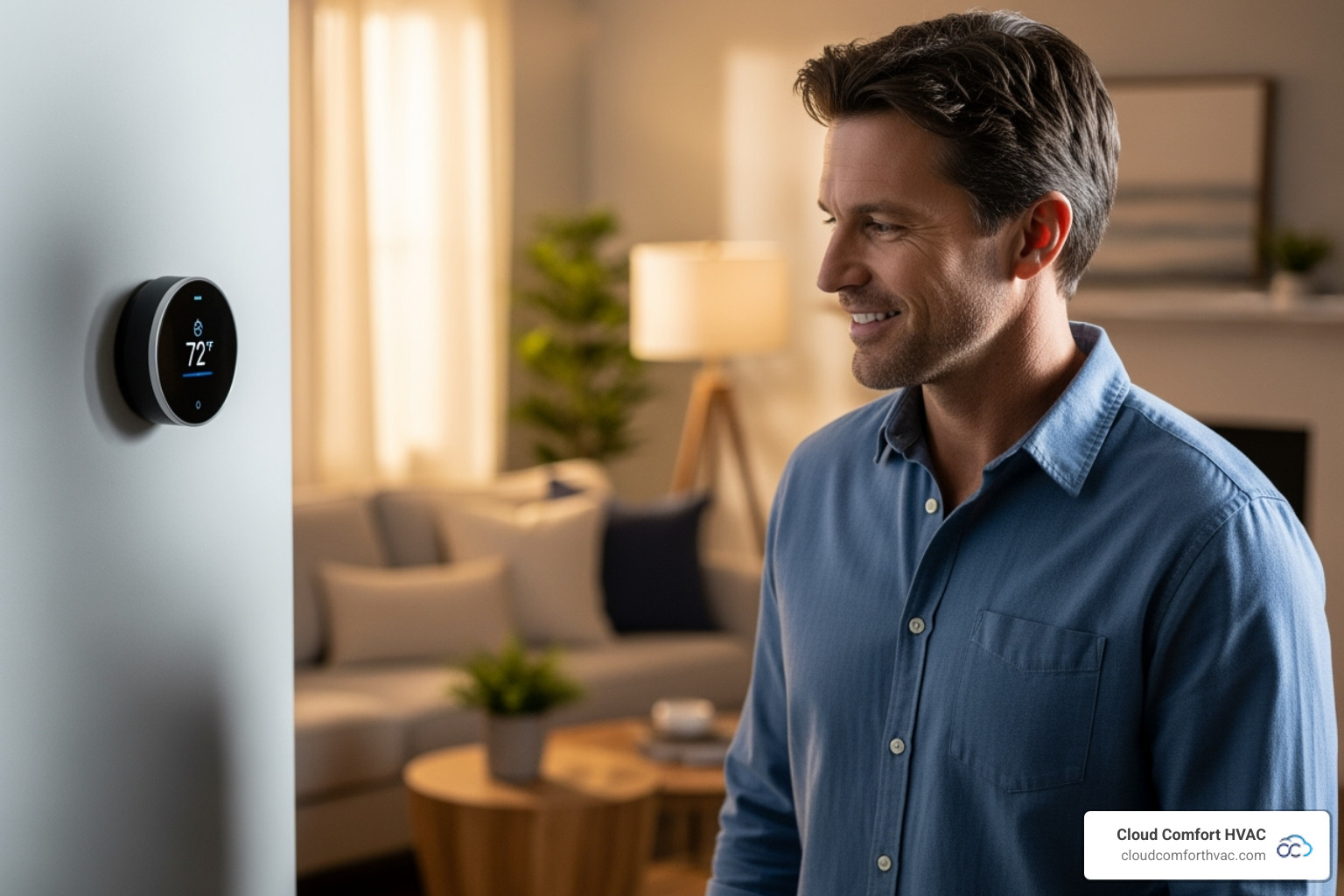 a homeowner smiling while looking at their smart thermostat - energy efficient hvac systems carson, ca
