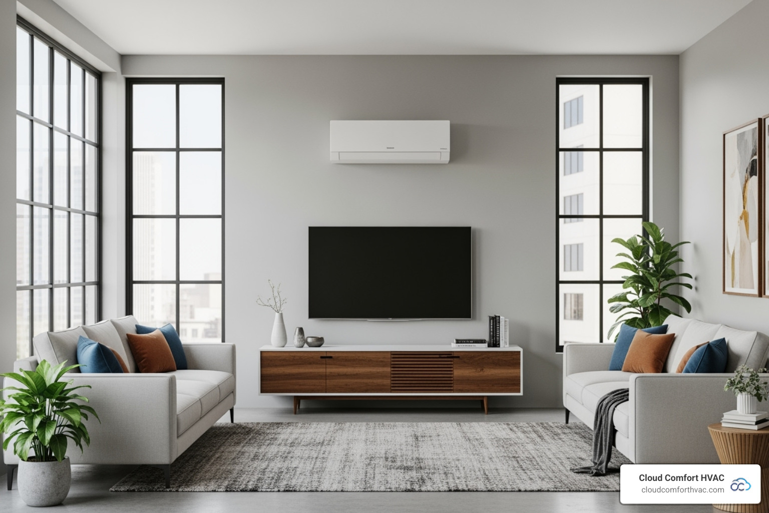 a sleek, wall-mounted ductless mini-split unit in a modern living room - energy efficient hvac systems carson, ca